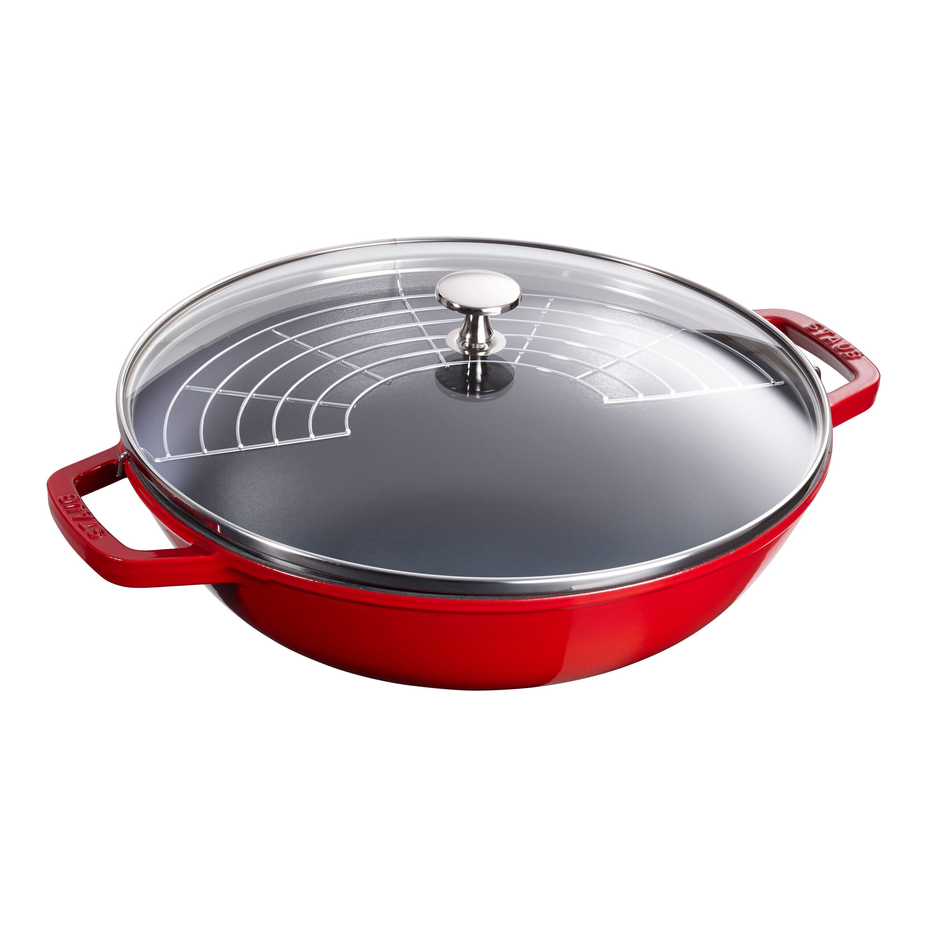 STAUB Cast Iron Wok 30cm Cherry with Glass Lid-Wok-DECOROLALA