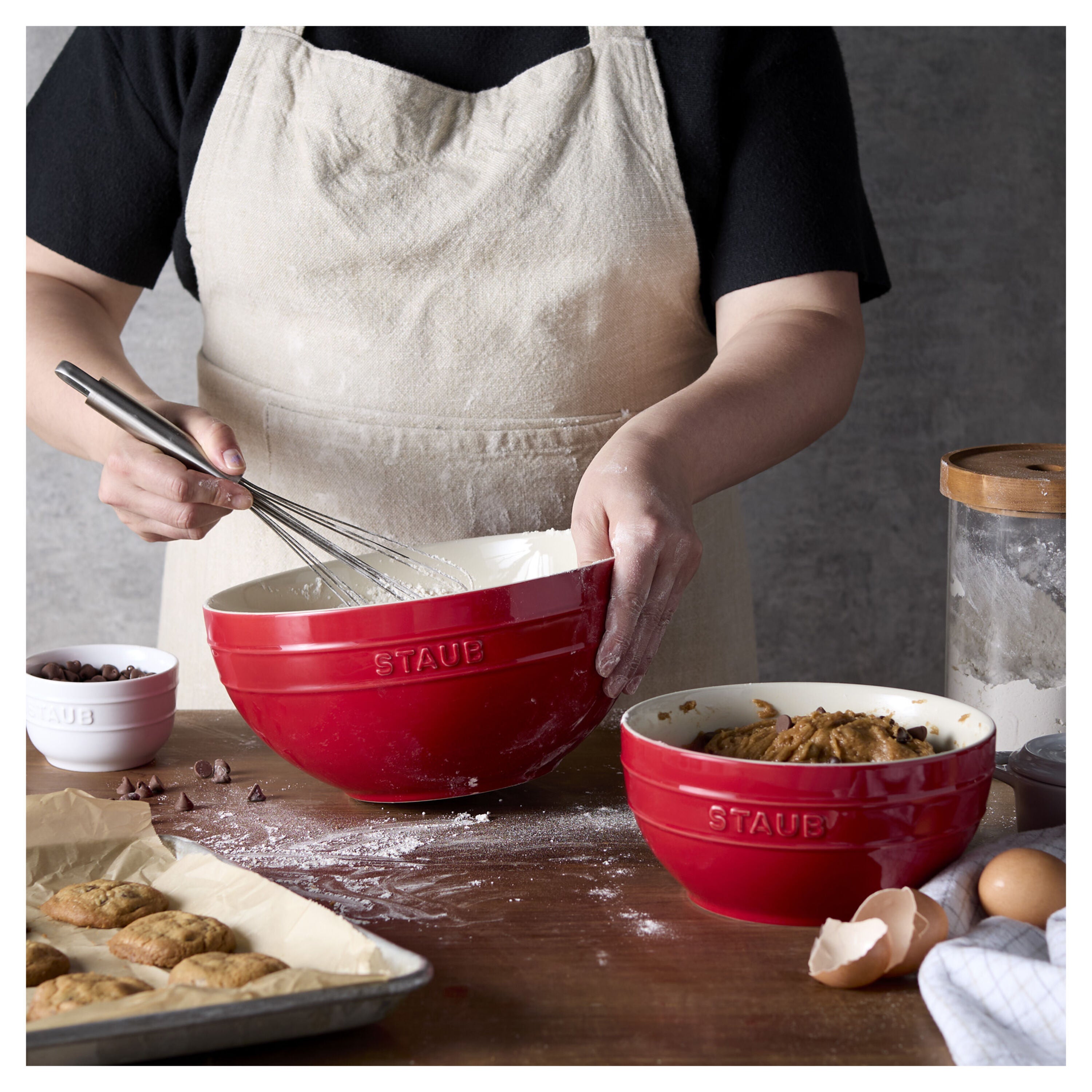 STAUB Ceramique 2 Piece Ceramic Large Mixing Bowl Set, Cherry-Dinnerware-DECOROLALA