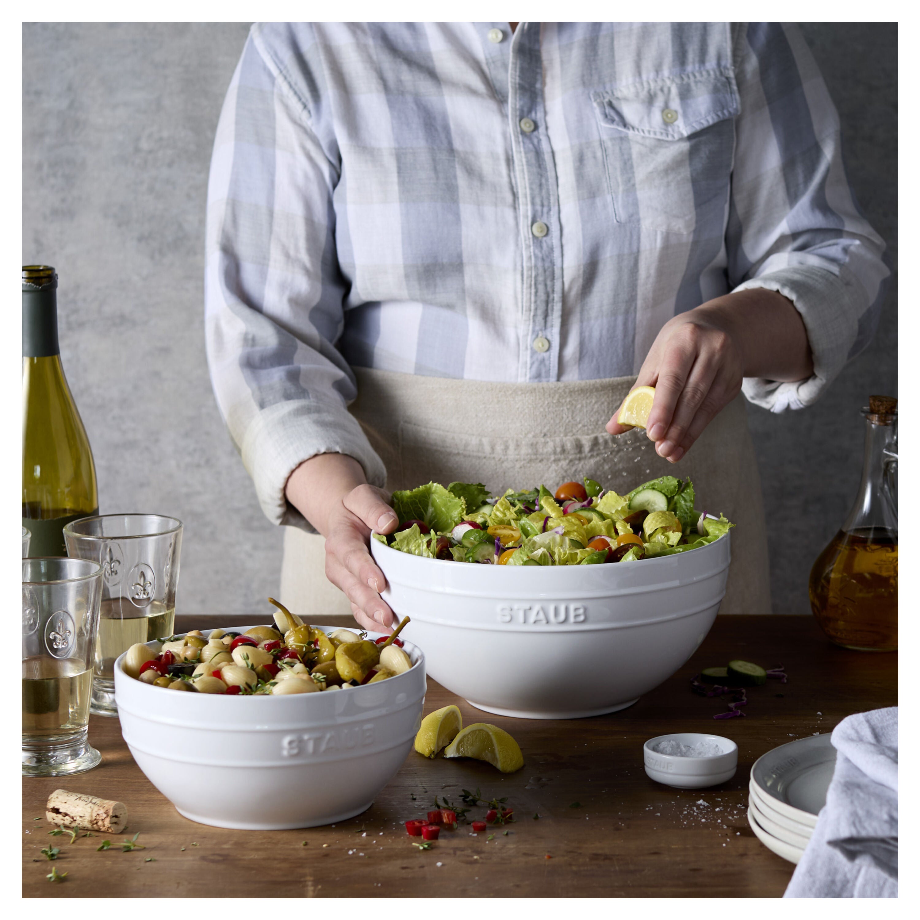 STAUB Ceramique 2 Piece Ceramic Large Mixing Bowl Set, White-Dinnerware-DECOROLALA