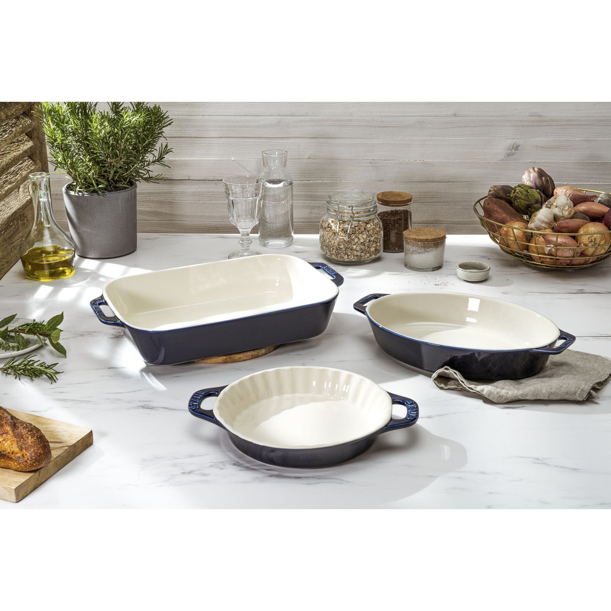 STAUB Ceramique Mixed Baking Dish Set Dark Blue 3 Piece-Bakeware Set-DECOROLALA