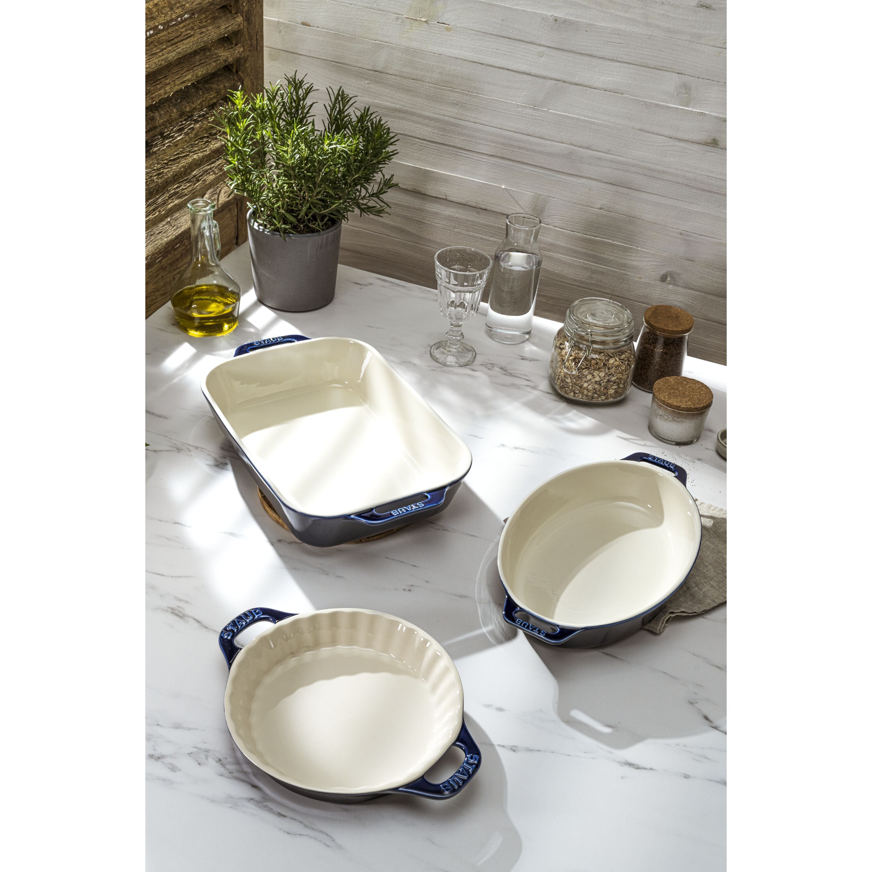 STAUB Ceramique Mixed Baking Dish Set Dark Blue 3 Piece-Bakeware Set-DECOROLALA
