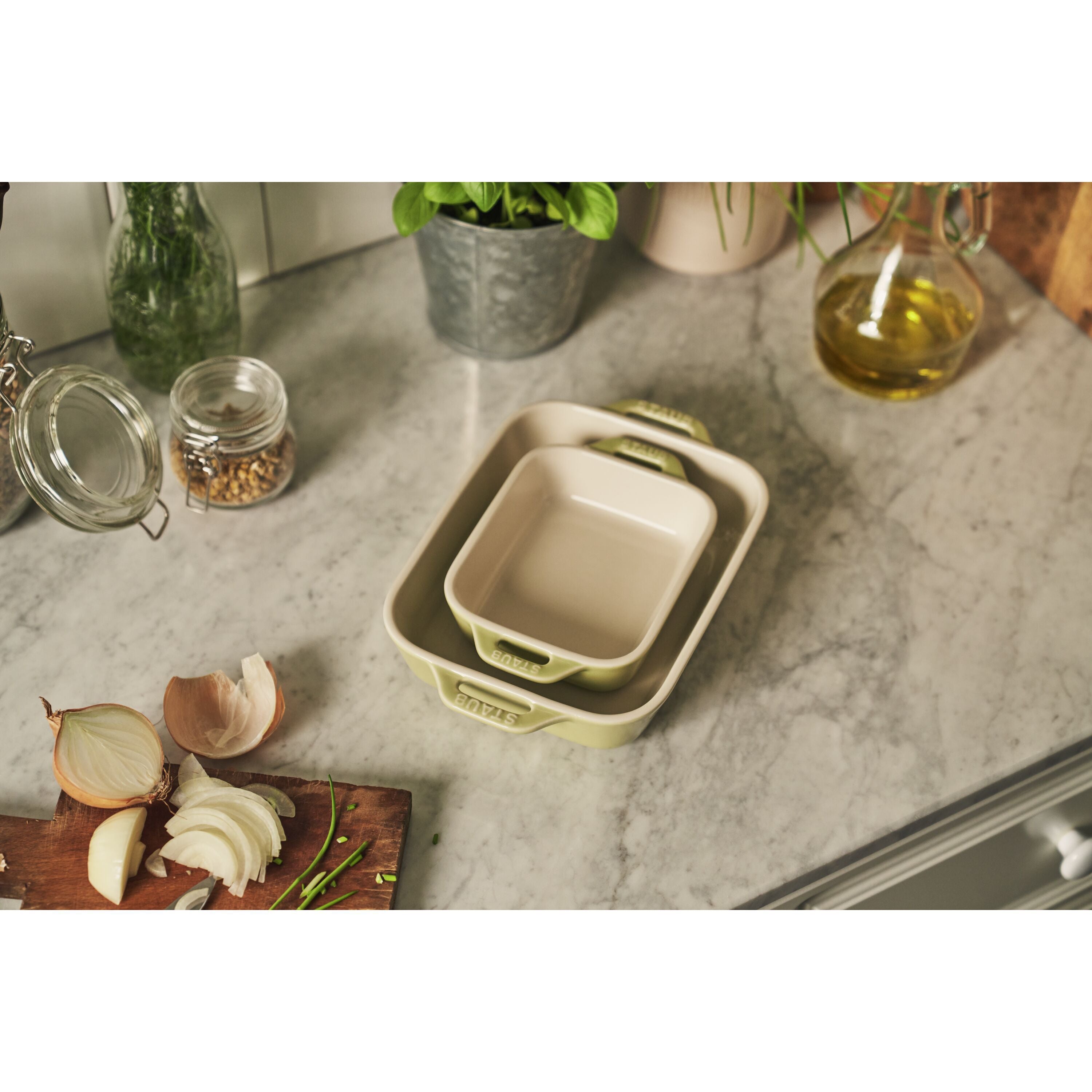 STAUB Ceramique Rectangular Baking Dish Set Light Green 2 Piece-Bakeware Set-DECOROLALA