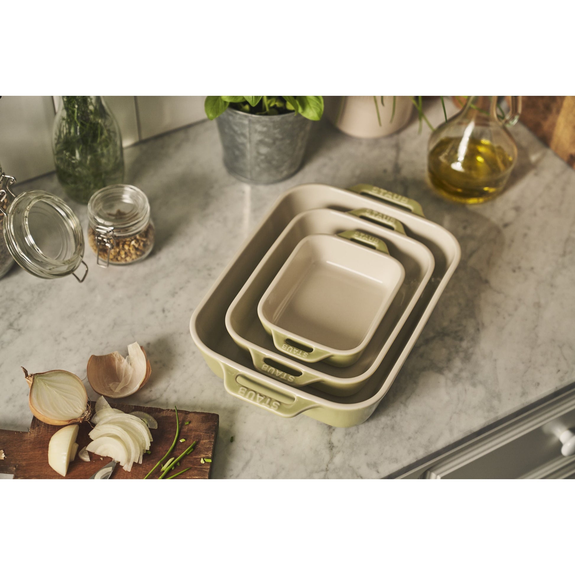 STAUB Ceramique Rectangular Baking Dish Set Macaron Light Green 3 Piece-Bakeware Set-DECOROLALA