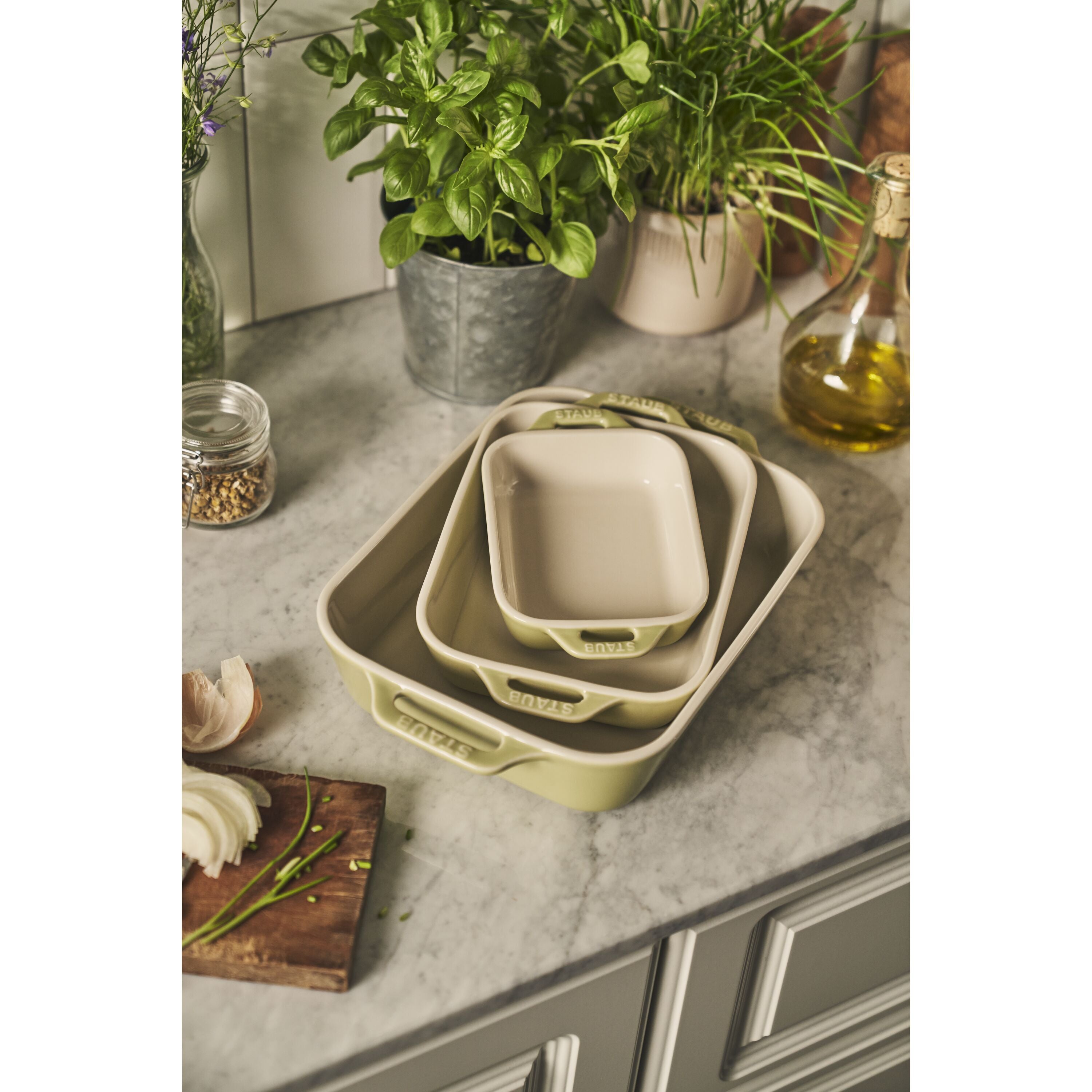 STAUB Ceramique Rectangular Baking Dish Set Macaron Light Green 3 Piece-Bakeware Set-DECOROLALA