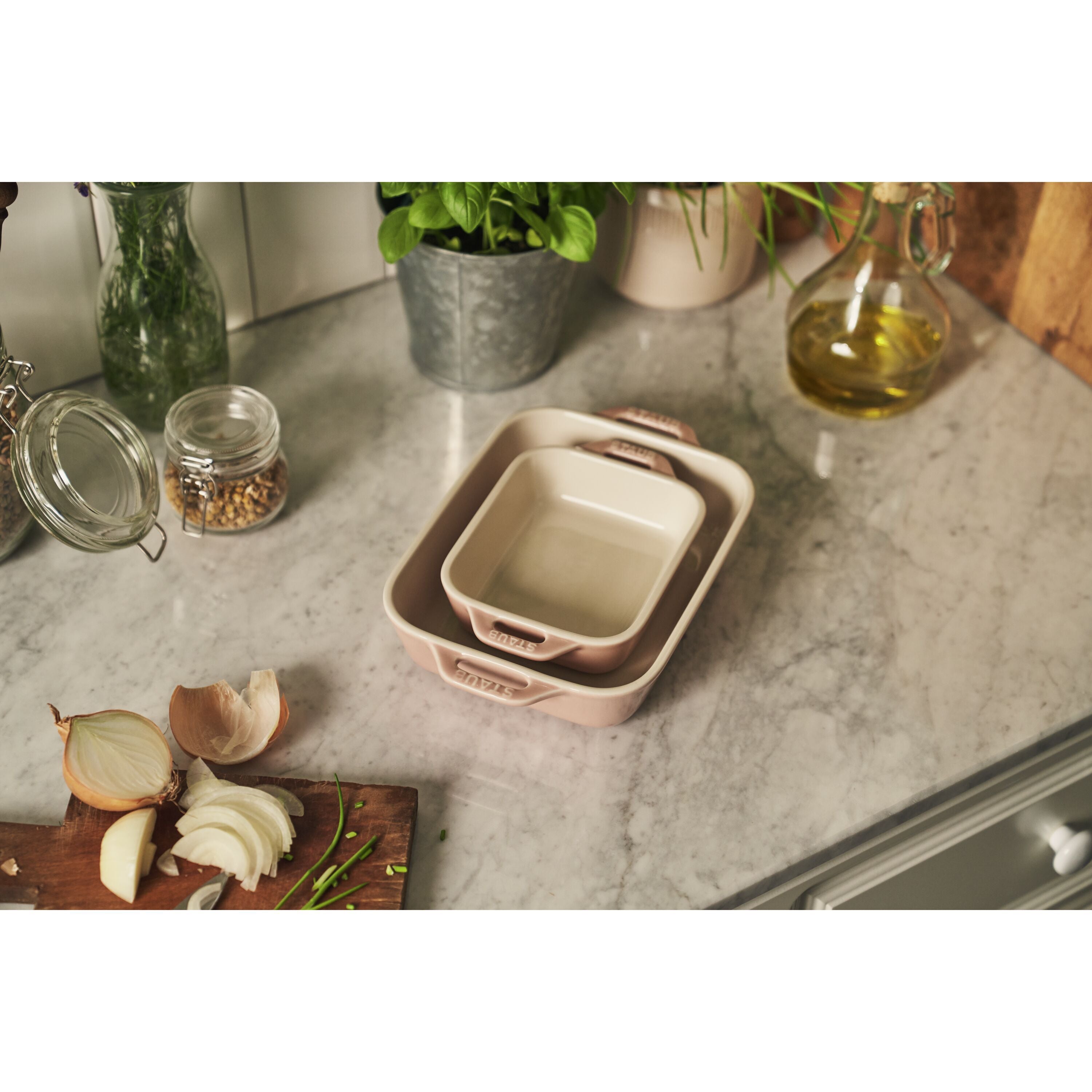 STAUB Ceramique Rectangular Baking Dish Set Macaron Light Pink 2 Piece-Bakeware Set-DECOROLALA