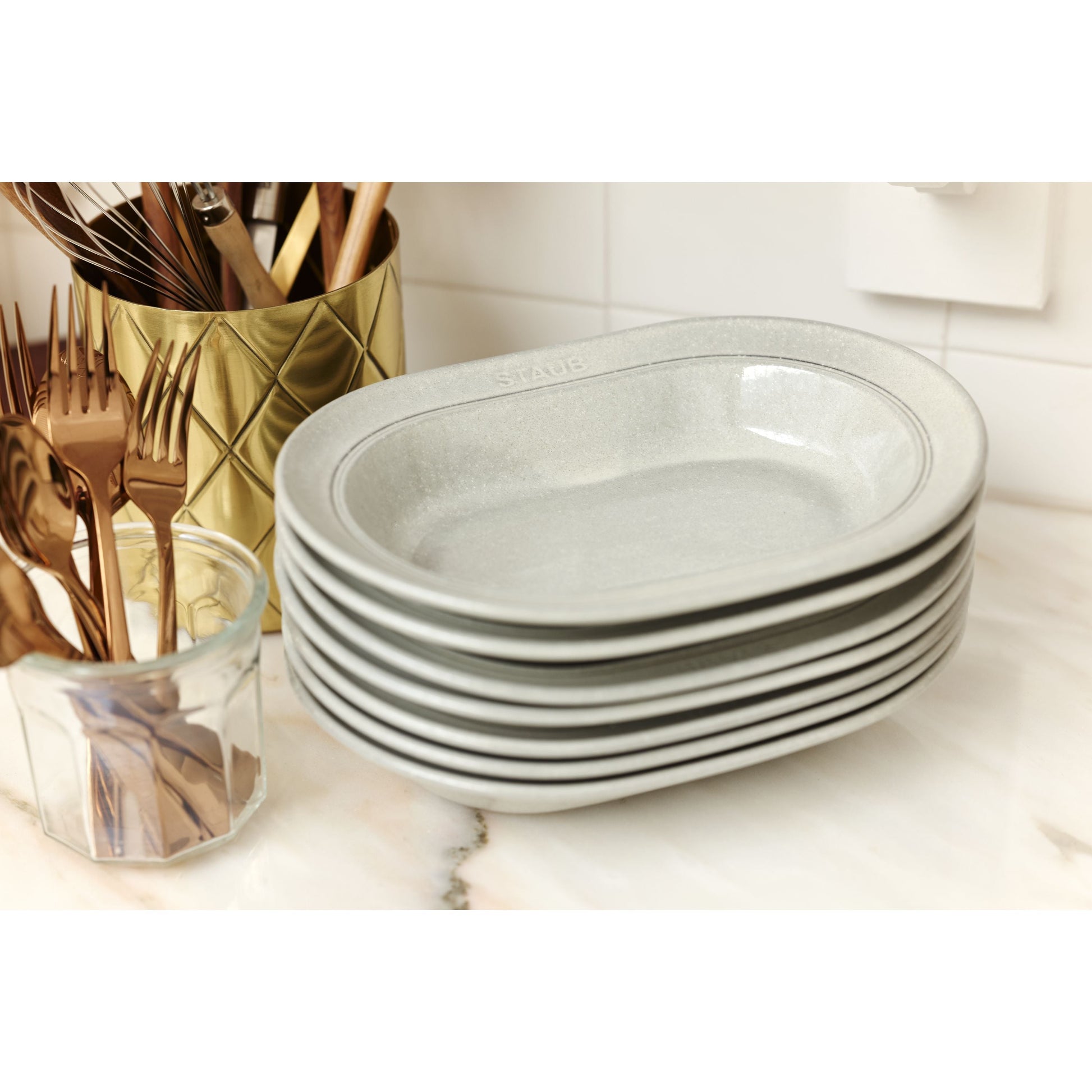 STAUB Dining Line 25 cm Ceramic Oval Serving Dish, White Truffle-Serveware-DECOROLALA