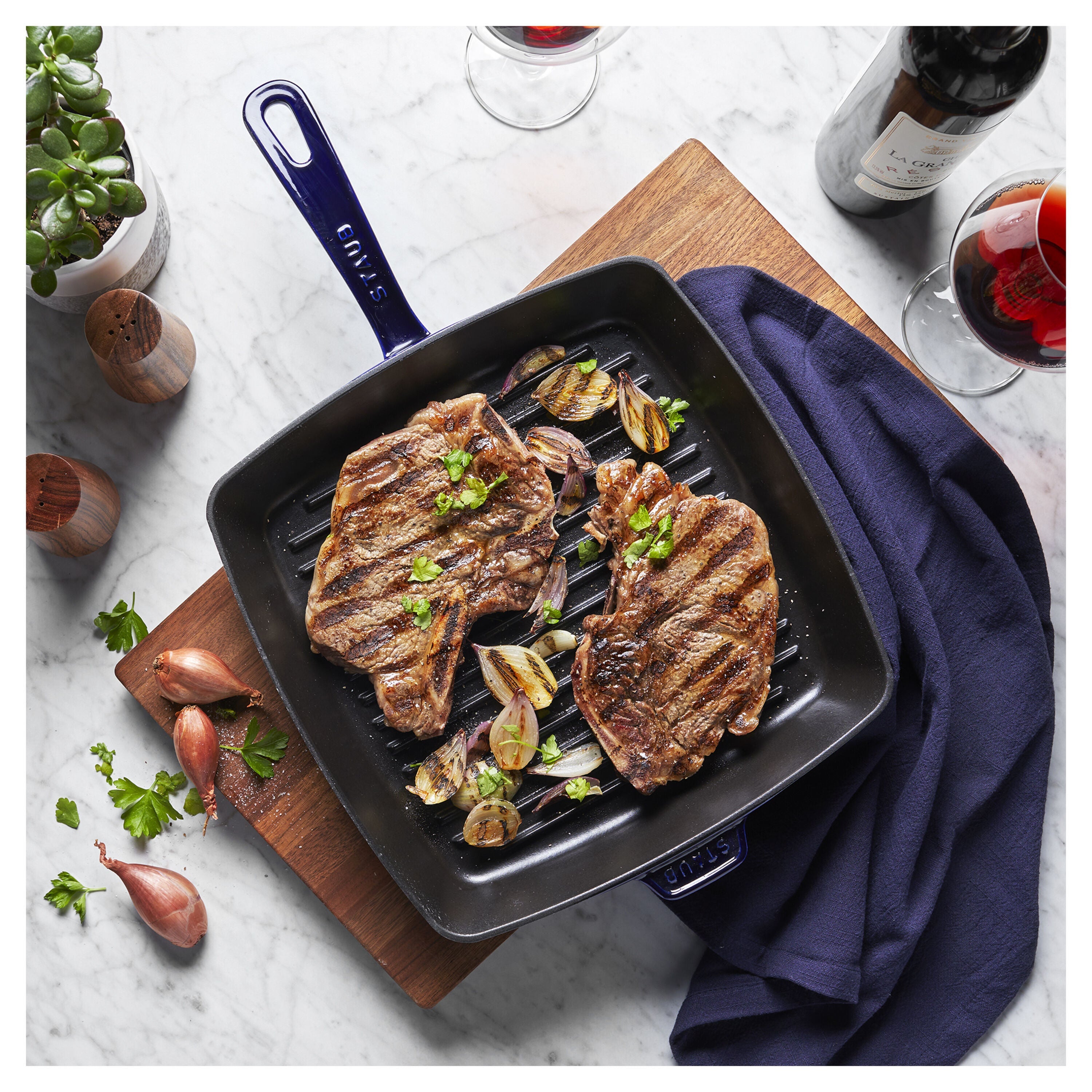 STAUB Grill Pan 30cm Cast Iron Square Dark Blue-12 Inch-DECOROLALA