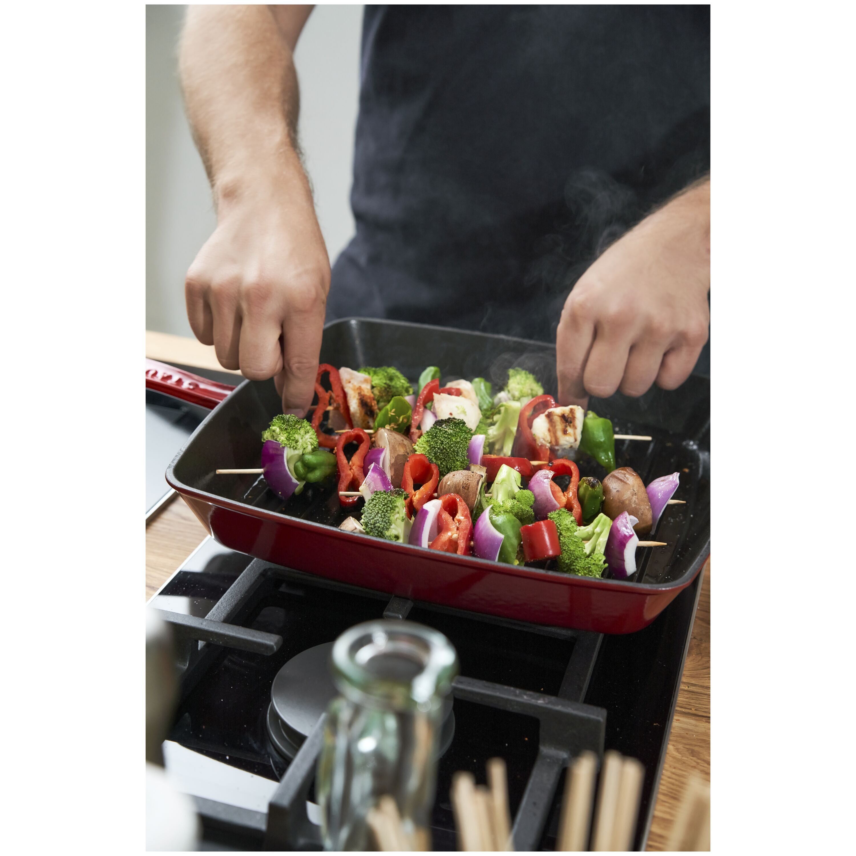 STAUB Grill Pans 30 cm Cast Iron Square American Grill, Cherry-12 Inch-DECOROLALA