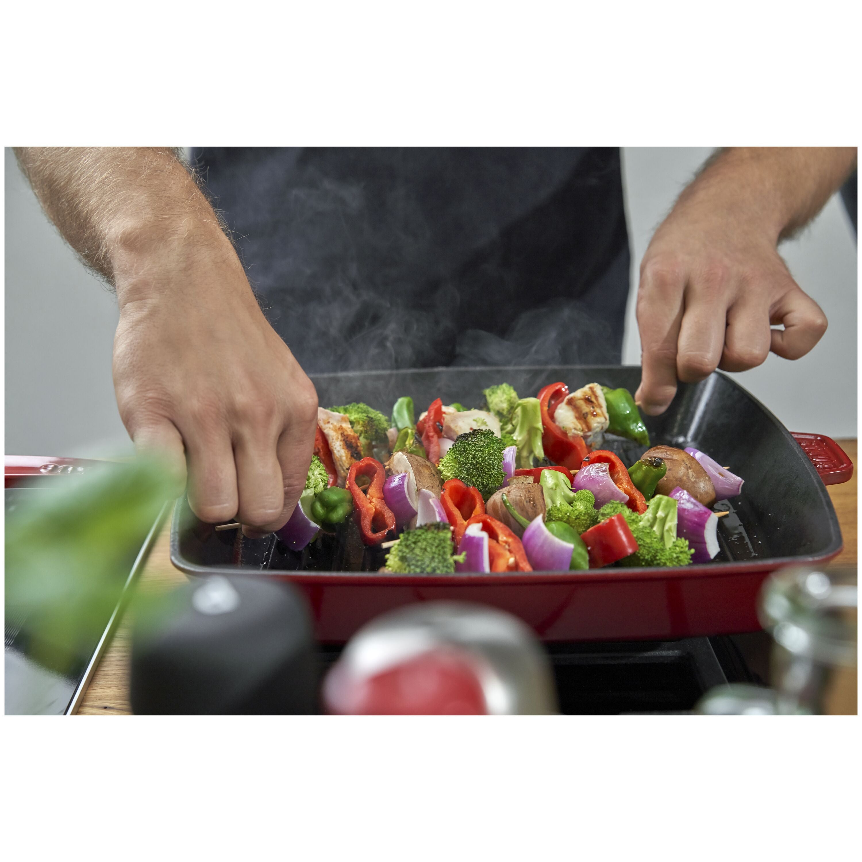 STAUB Grill Pans 30 cm Cast Iron Square American Grill, Cherry-12 Inch-DECOROLALA