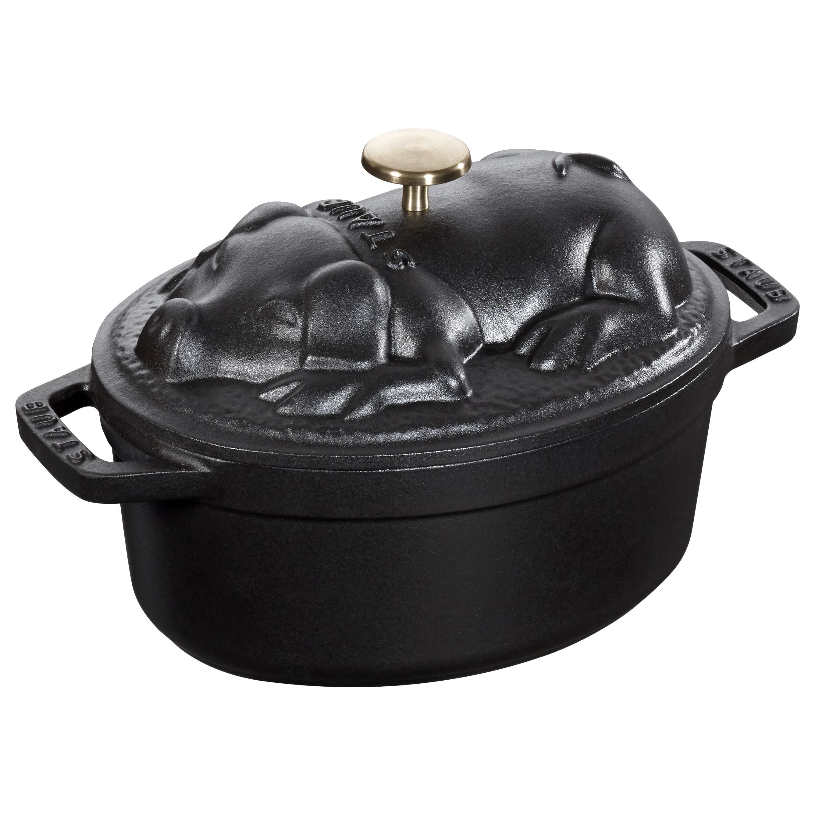 STAUB La Cocotte 1 L Cast Iron Oval Cocotte Pig Lid, Black-Cookware-DECOROLALA