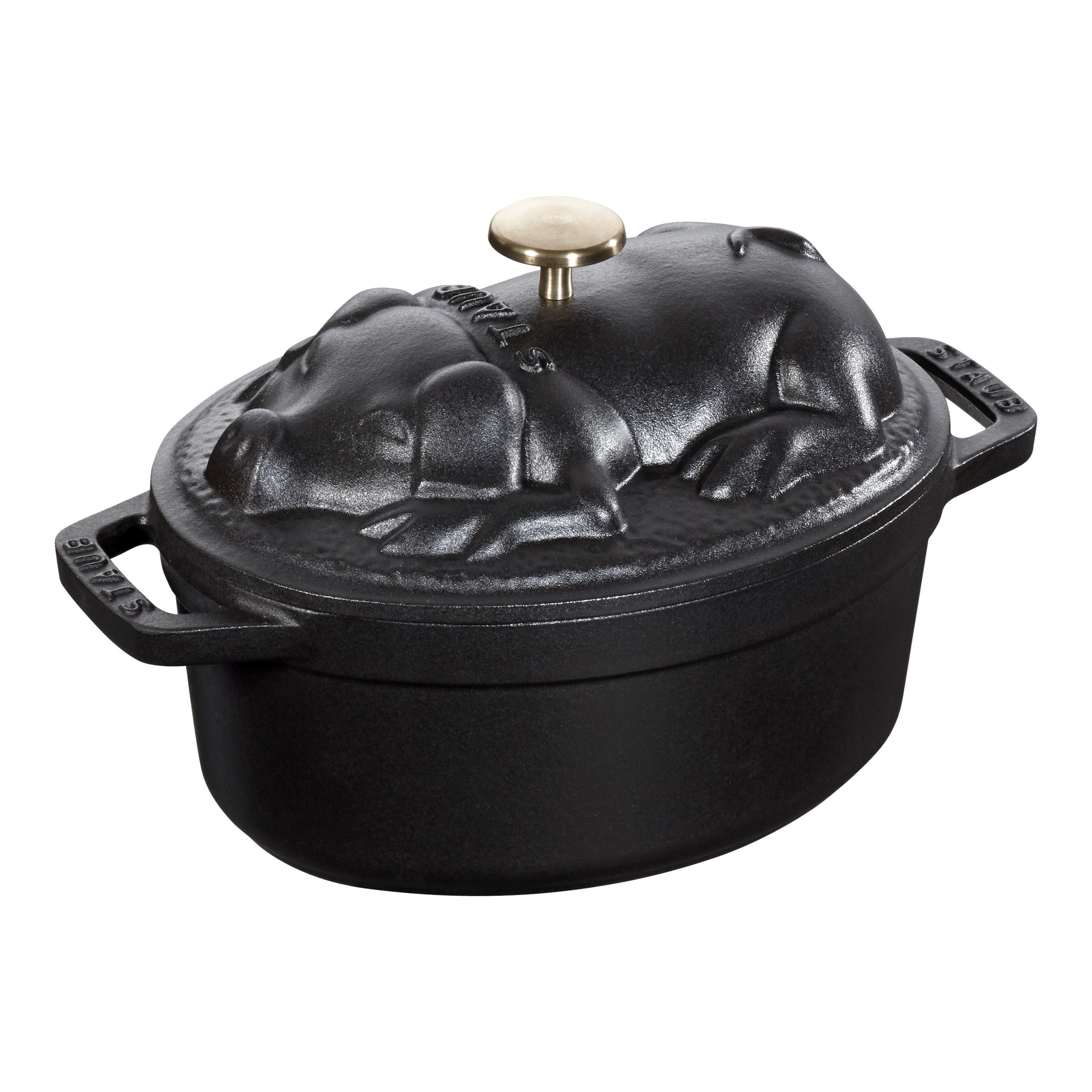 STAUB La Cocotte 1 L Cast Iron Oval Cocotte Pig Lid, Black-Cookware-DECOROLALA