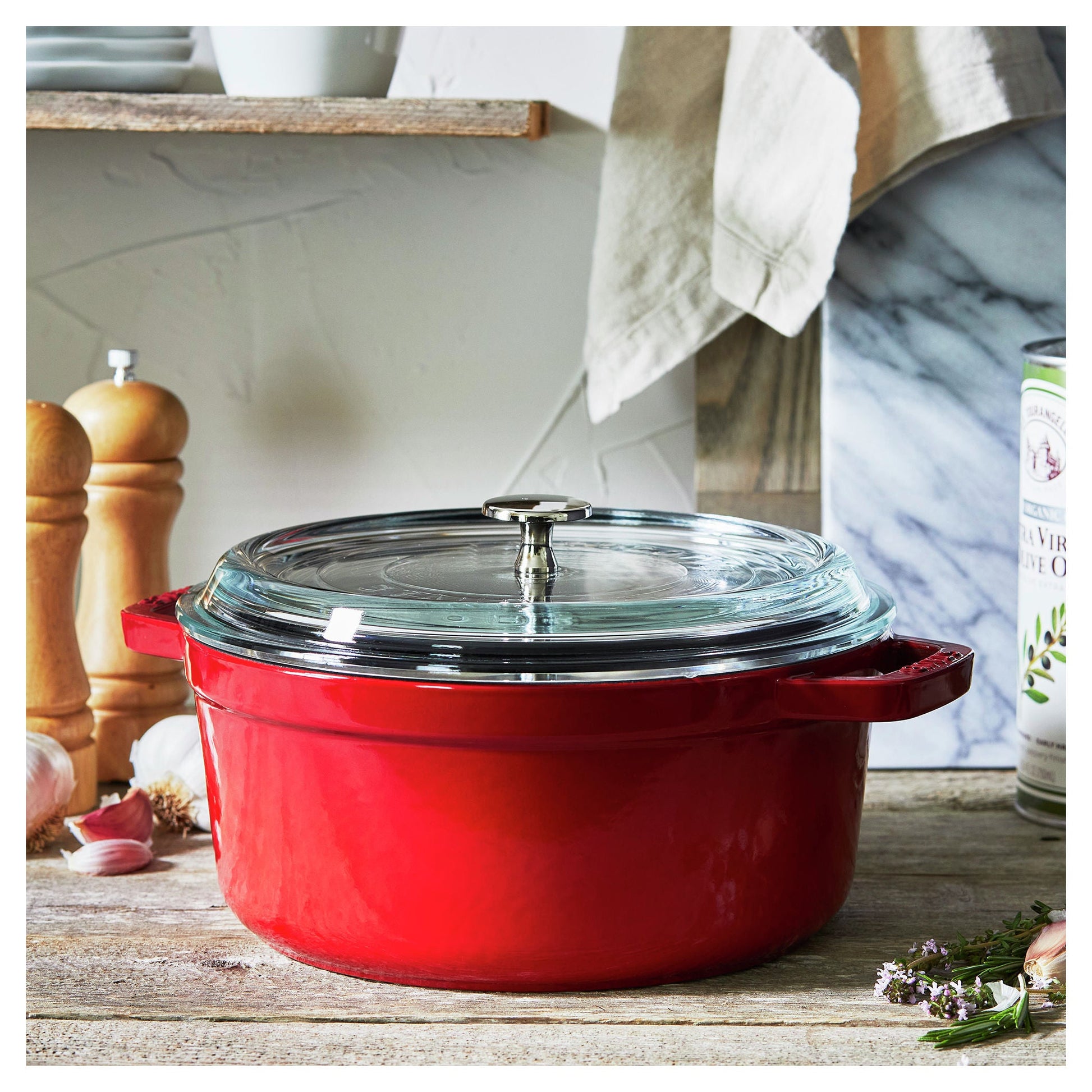 STAUB La Cocotte 3.8 L Cast Iron Round Cocotte With Glass Lid, Cherry-n/a-DECOROLALA
