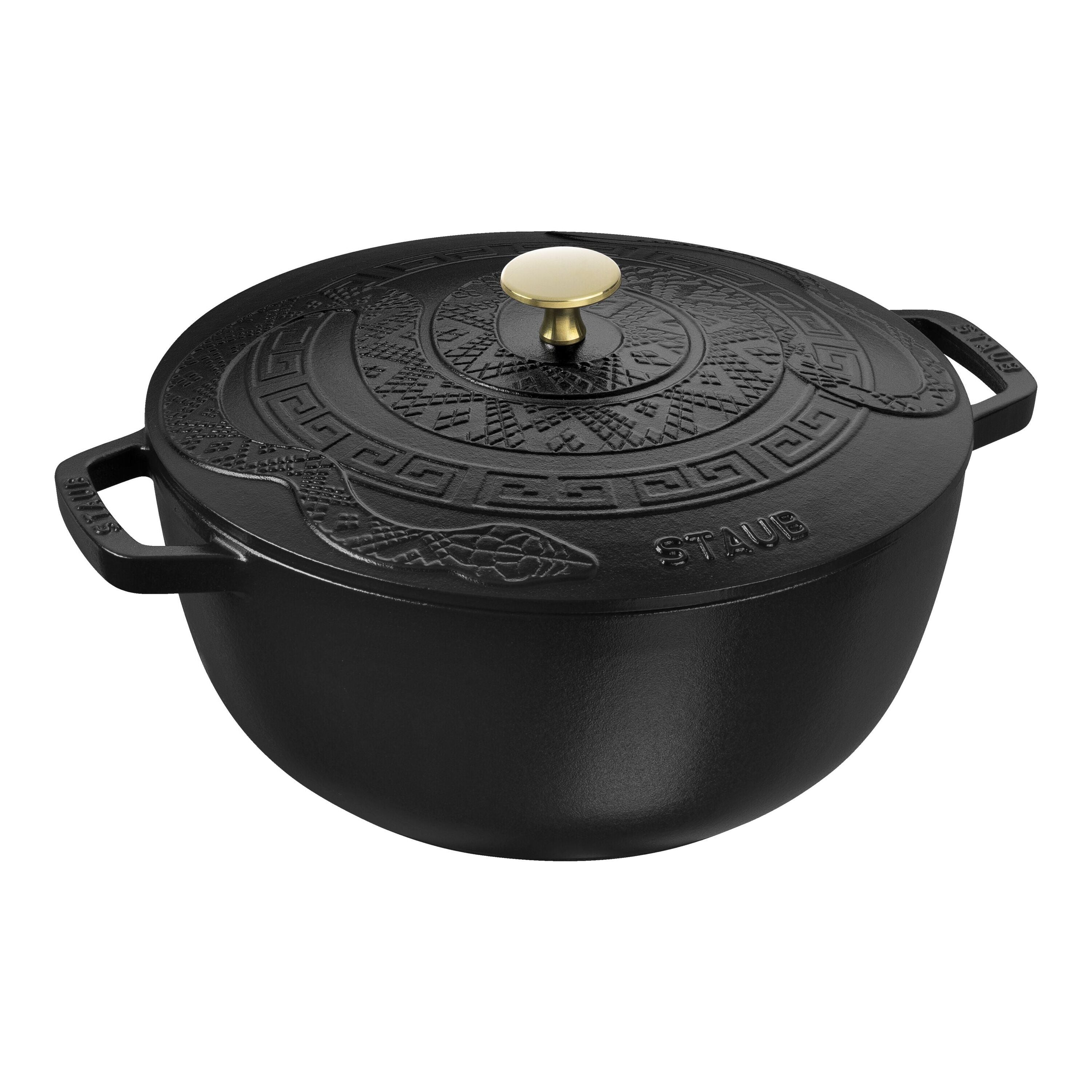 STAUB La Cocotte 4.8 L Cast Iron Round Essential French Oven With Snake Lid, Black-Cookware-DECOROLALA