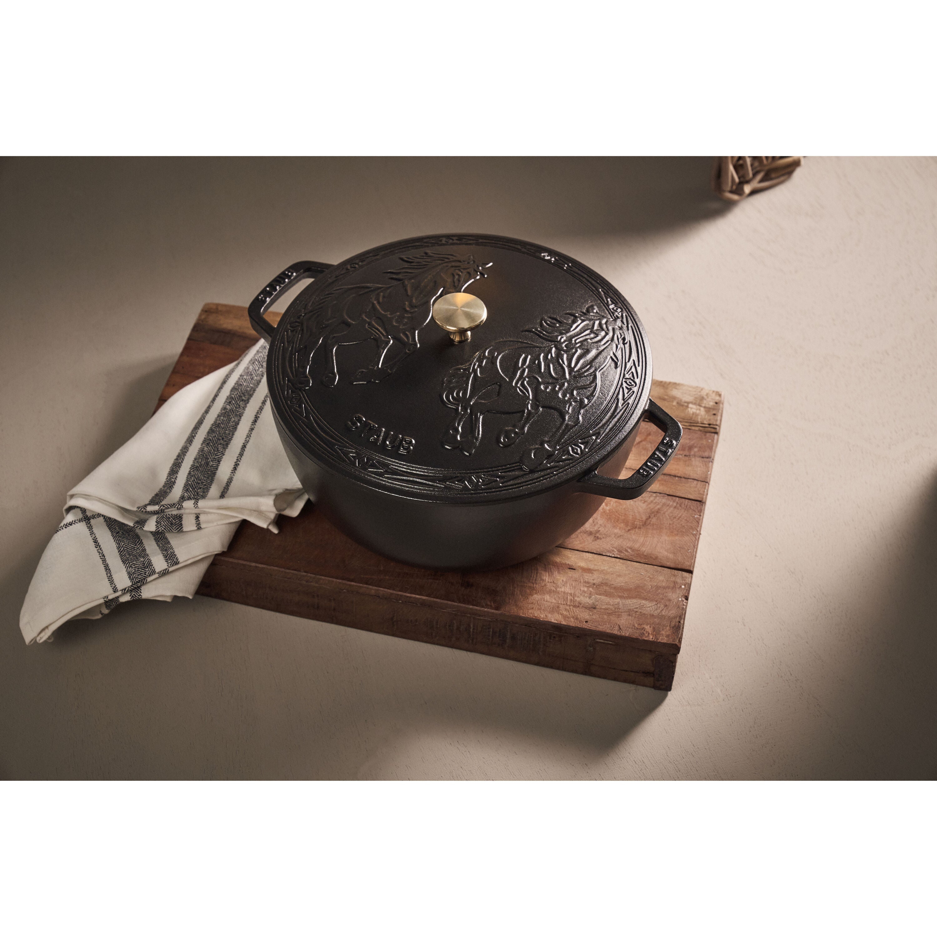 STAUB La Cocotte 4.8 L Cast Iron Round Year of The Horse French Oven, Black-n/a-DECOROLALA