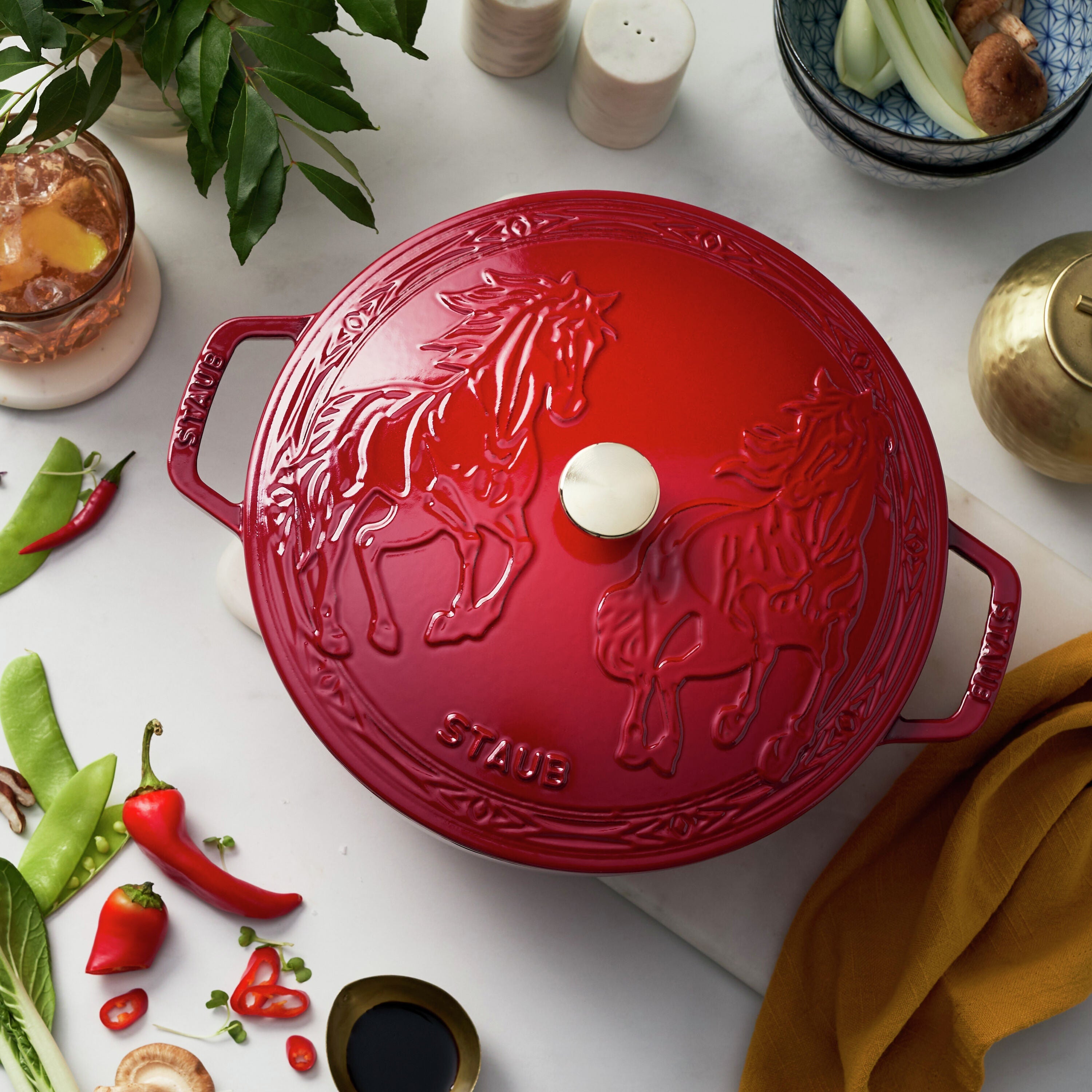 STAUB La Cocotte 4.8 L Cast Iron Round Year of The Horse French Oven, Cherry-n/a-DECOROLALA