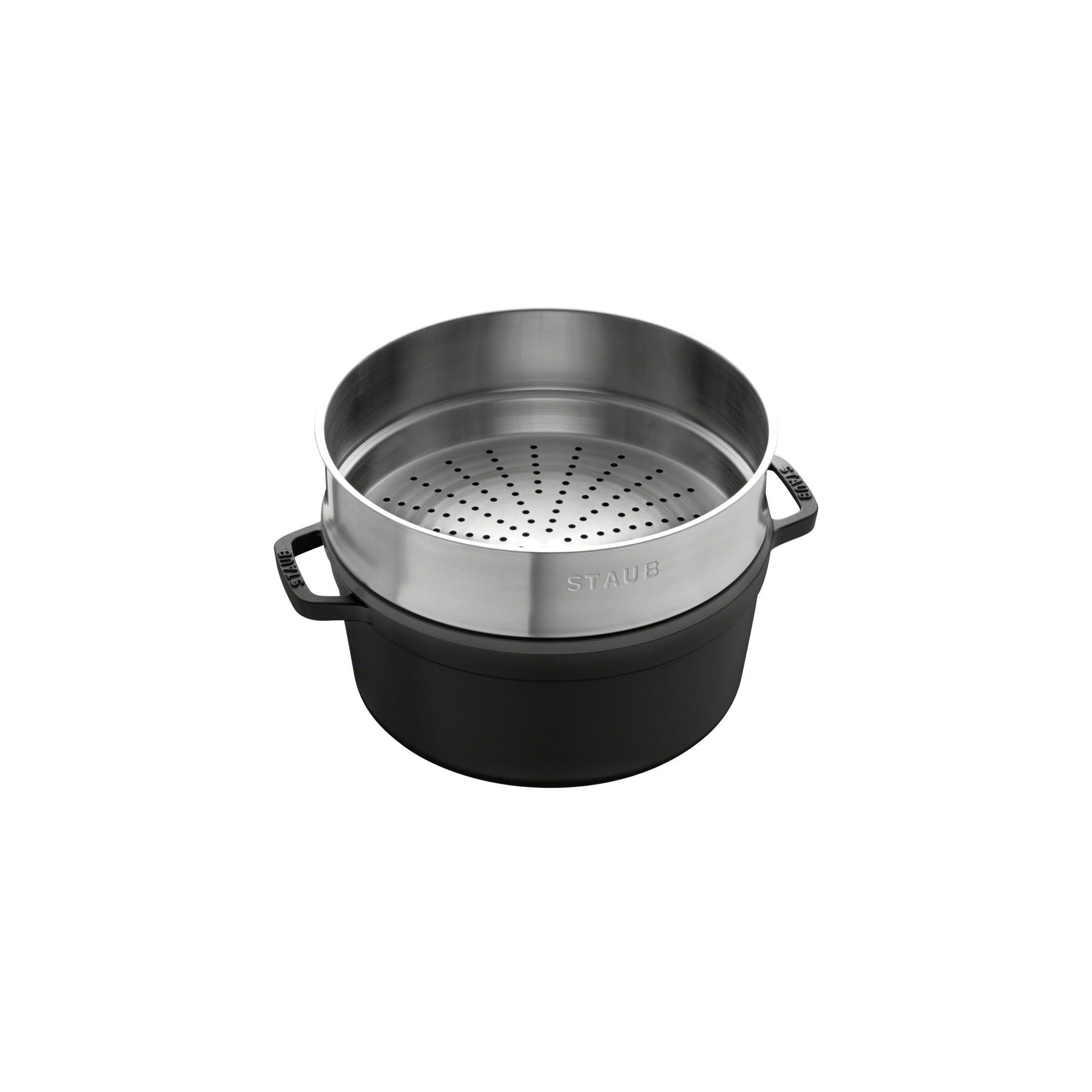 STAUB La Cocotte 5.25 L Cast Iron Round Cocotte With Steamer, Black-Cookware-DECOROLALA
