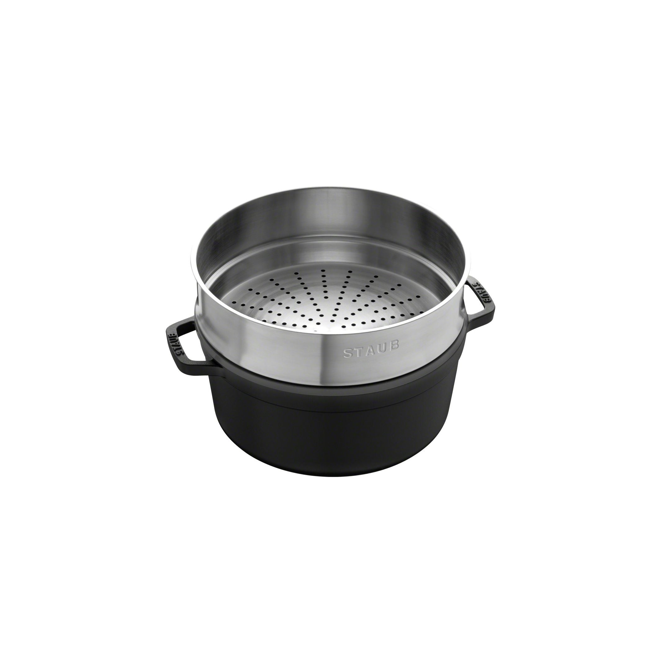 STAUB La Cocotte 5.25 L Cast Iron Round Cocotte With Steamer, Black-Cookware-DECOROLALA