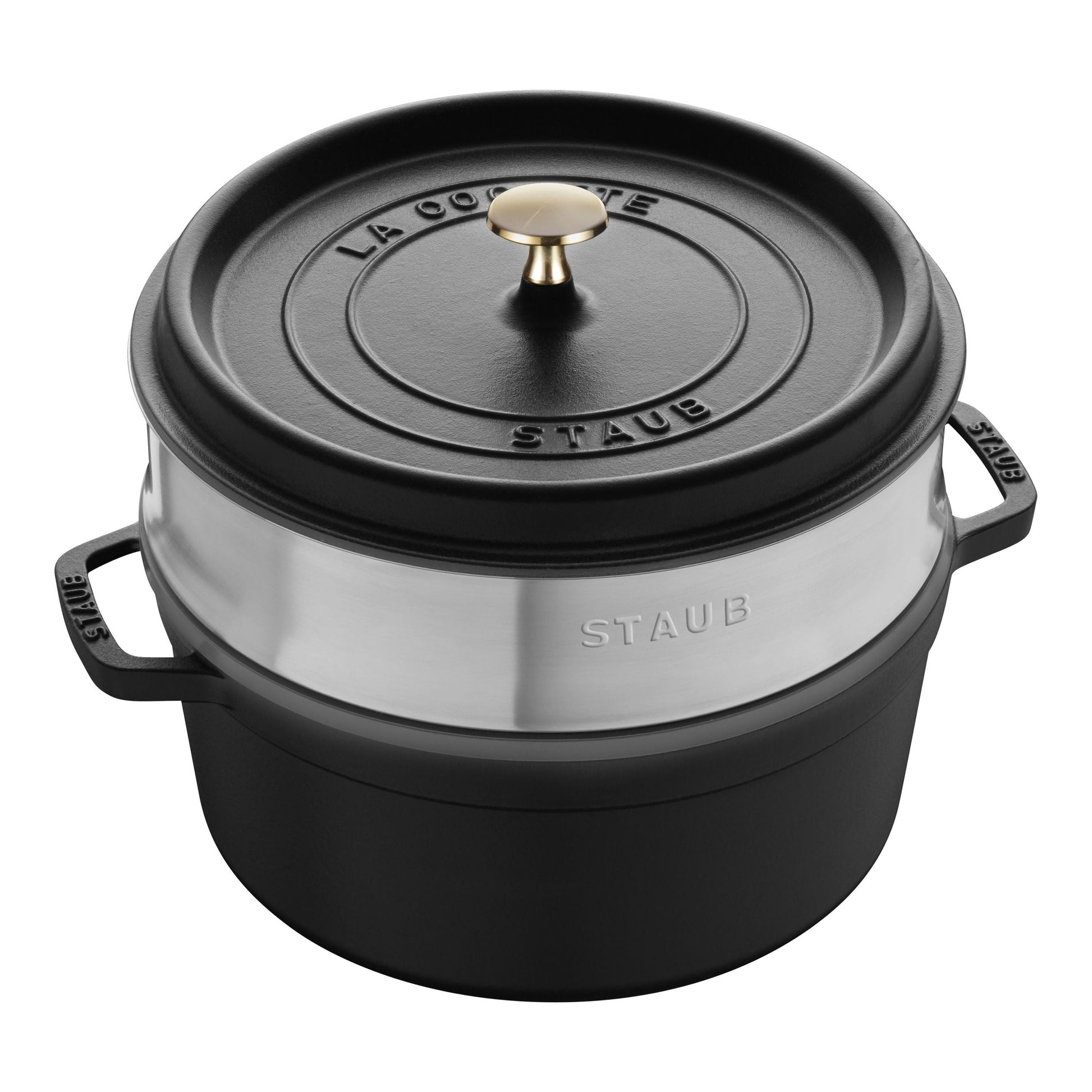 STAUB La Cocotte 5.25 L Cast Iron Round Cocotte With Steamer, Black-Cookware-DECOROLALA