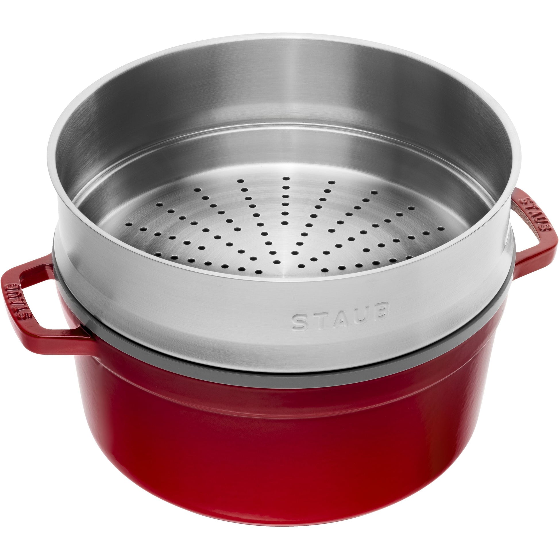 STAUB La Cocotte 5.25 L Cast Iron Round Cocotte With Steamer, Cherry-Cookware-DECOROLALA