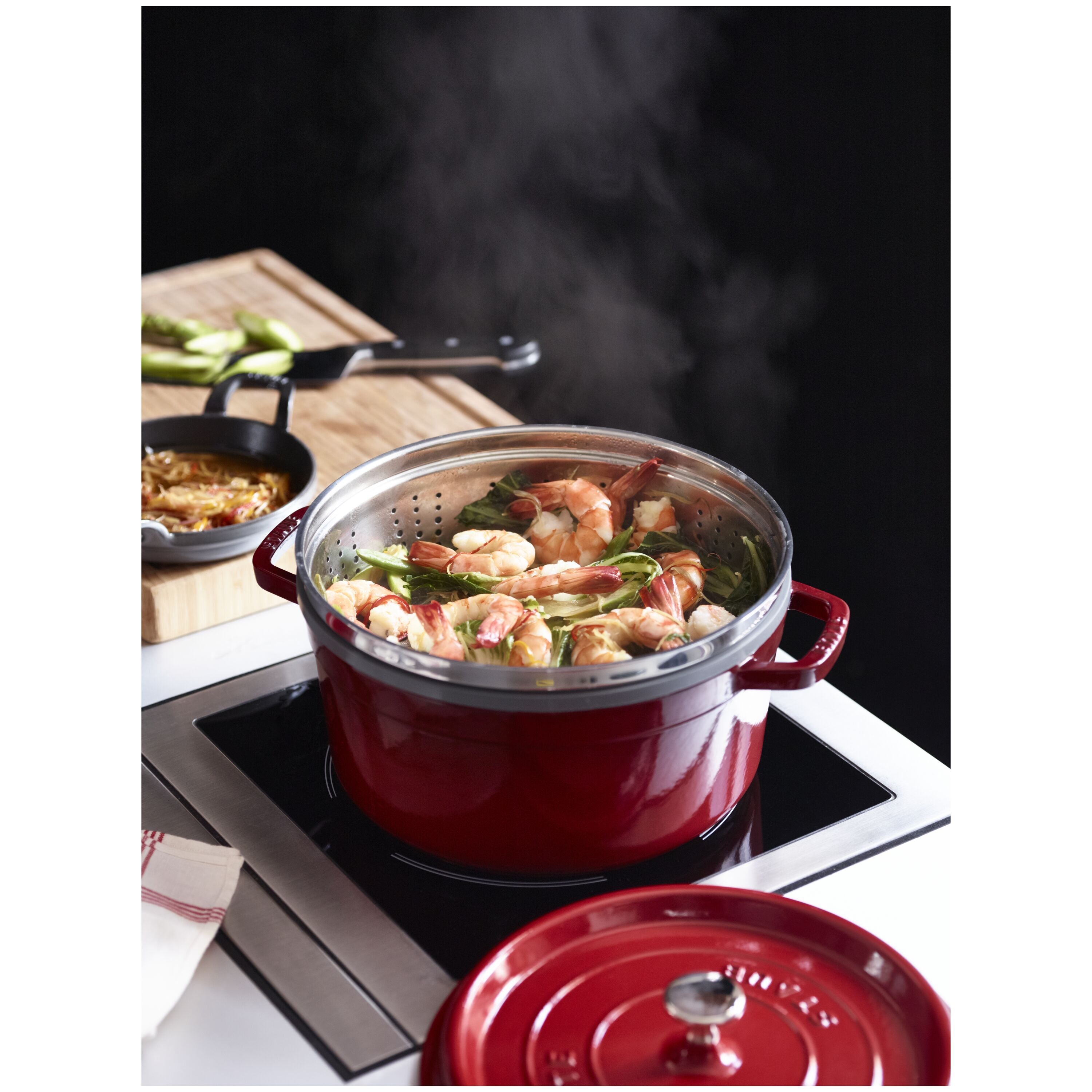 STAUB La Cocotte 5.25 L Cast Iron Round Cocotte With Steamer, Cherry-Cookware-DECOROLALA