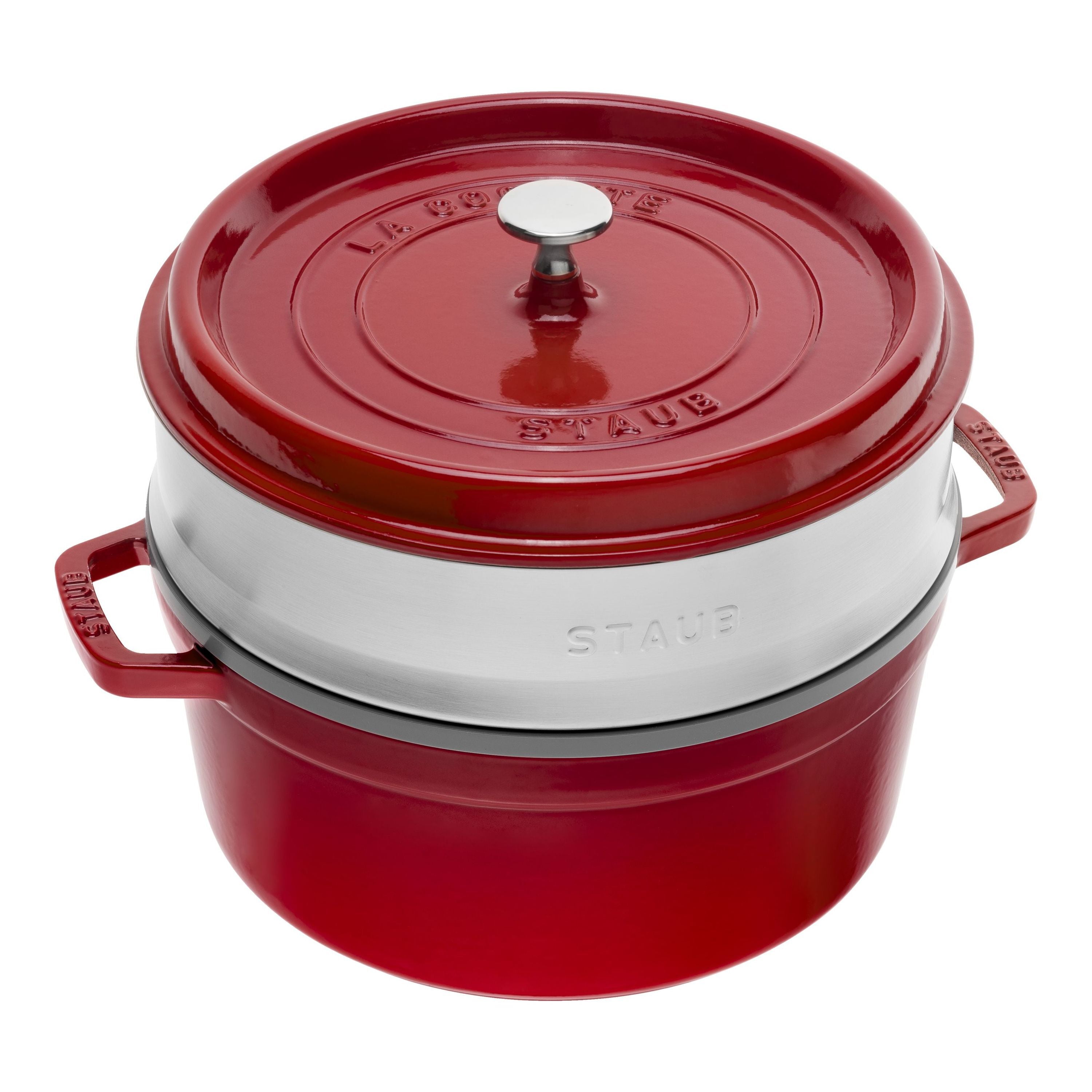 STAUB La Cocotte 5.25 L Cast Iron Round Cocotte With Steamer, Cherry-Cookware-DECOROLALA