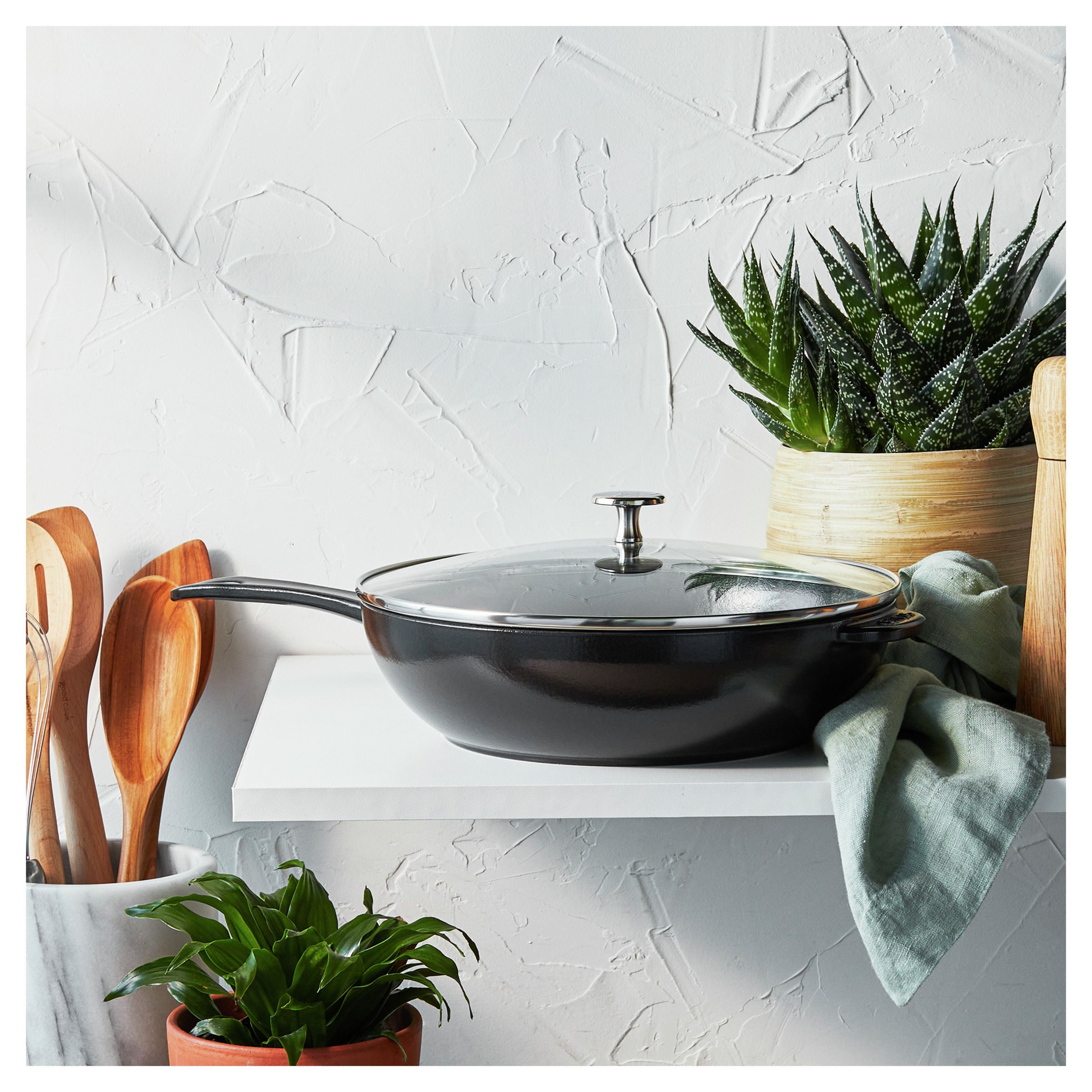 STAUB Pans 26 cm / 10 inch Cast Iron Daily Pan With Glass Lid, Black-10 Inch-DECOROLALA