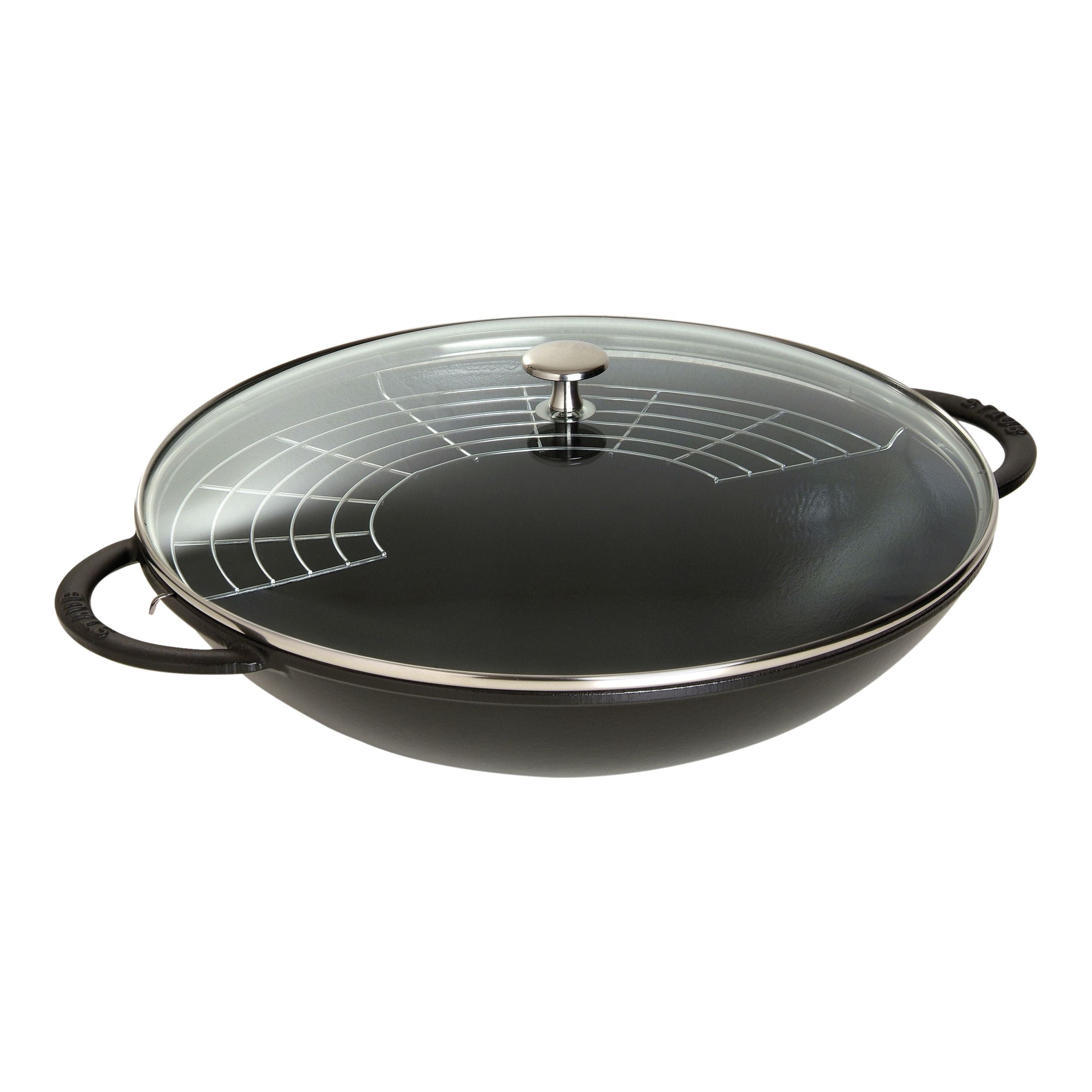 STAUB Specialities 37 cm / 14.5 inch Cast Iron Wok With Glass Lid, Black-Wok-DECOROLALA