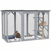 44.1" H Cat Cage, Indoor Outdoor Wooden Enclosure Pet House, Small Animal Cage Hutch, Suitable for Rabbit, Dogs, Kitten, Crate Kennel with Waterproof Roof, Multi-Level Platforms, Lock, Grey