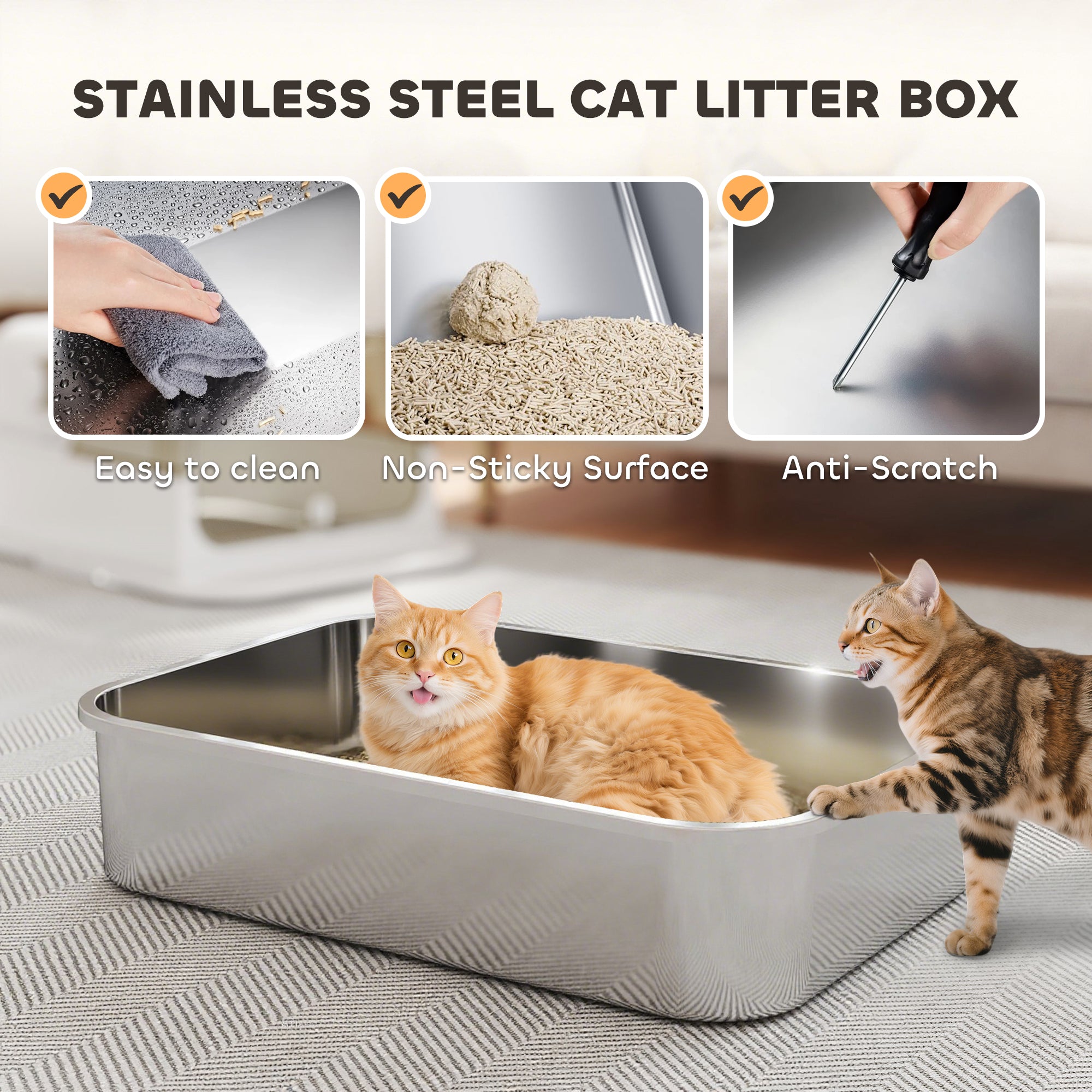 Stainless Steel Cat Litter Box, Easy-Clean Enclosure with Scoop & Flip Lid, 27.6" L x 19.7" W x 18.3" H, White