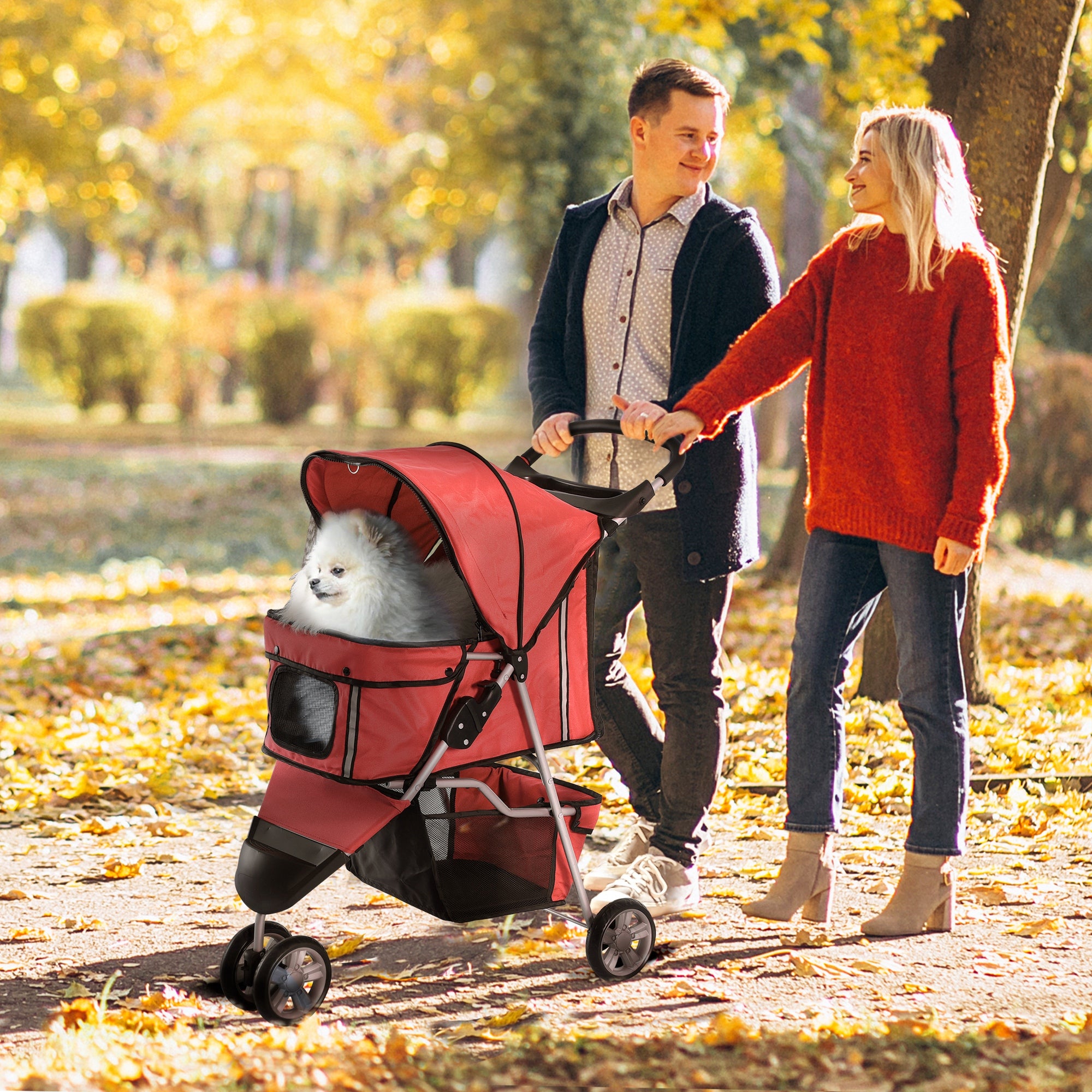3 Wheels Foldable Dog Stroller with Storage Basket, Adjustable Canopy, Cupholder for Miniature and Small Dogs, Red
