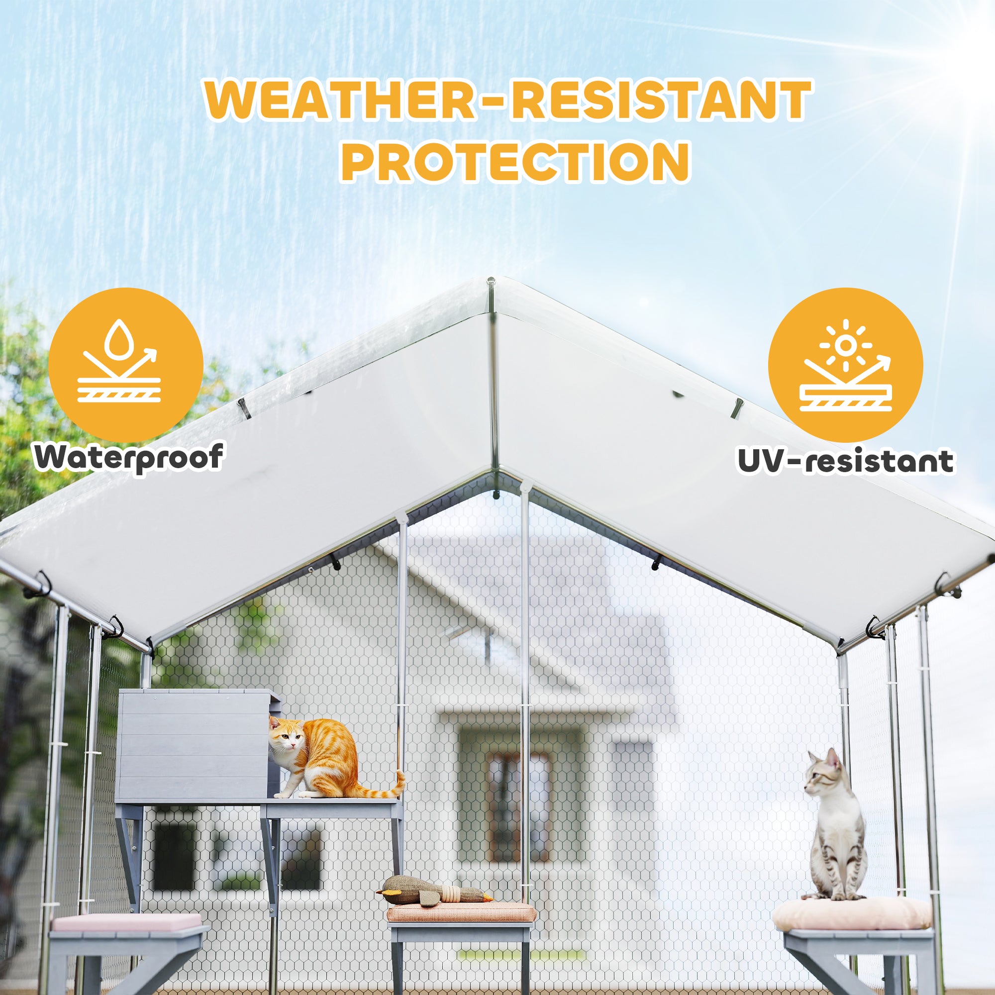 79" Extra Large Metal Outdoor Catio with Waterproof Cover, Resting Box, 4 Platforms, for Multiple Rabbits, Chicken