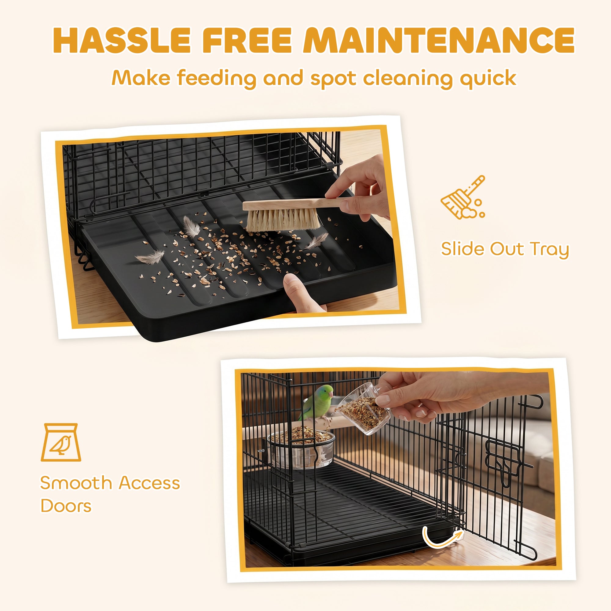 Bird Cage Portable w/ Slide-Out Tray Travel Cage for Parakeets w/ Perch & Food Bowls Black