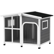 Niche pour chien en bois, chenil surélevé avec fond amovible, toit en asphalte ouvrable, rideau de porte, fenêtres latérales, gris foncé