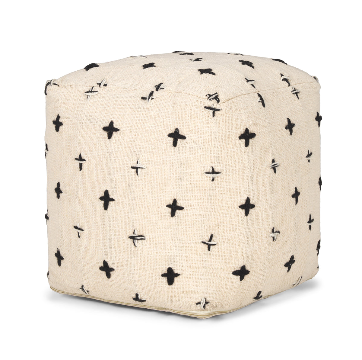 Saanvi Wool w/ Cream and Black Stitched Cross Patterned Pouf-Poufs-DECOROLALA