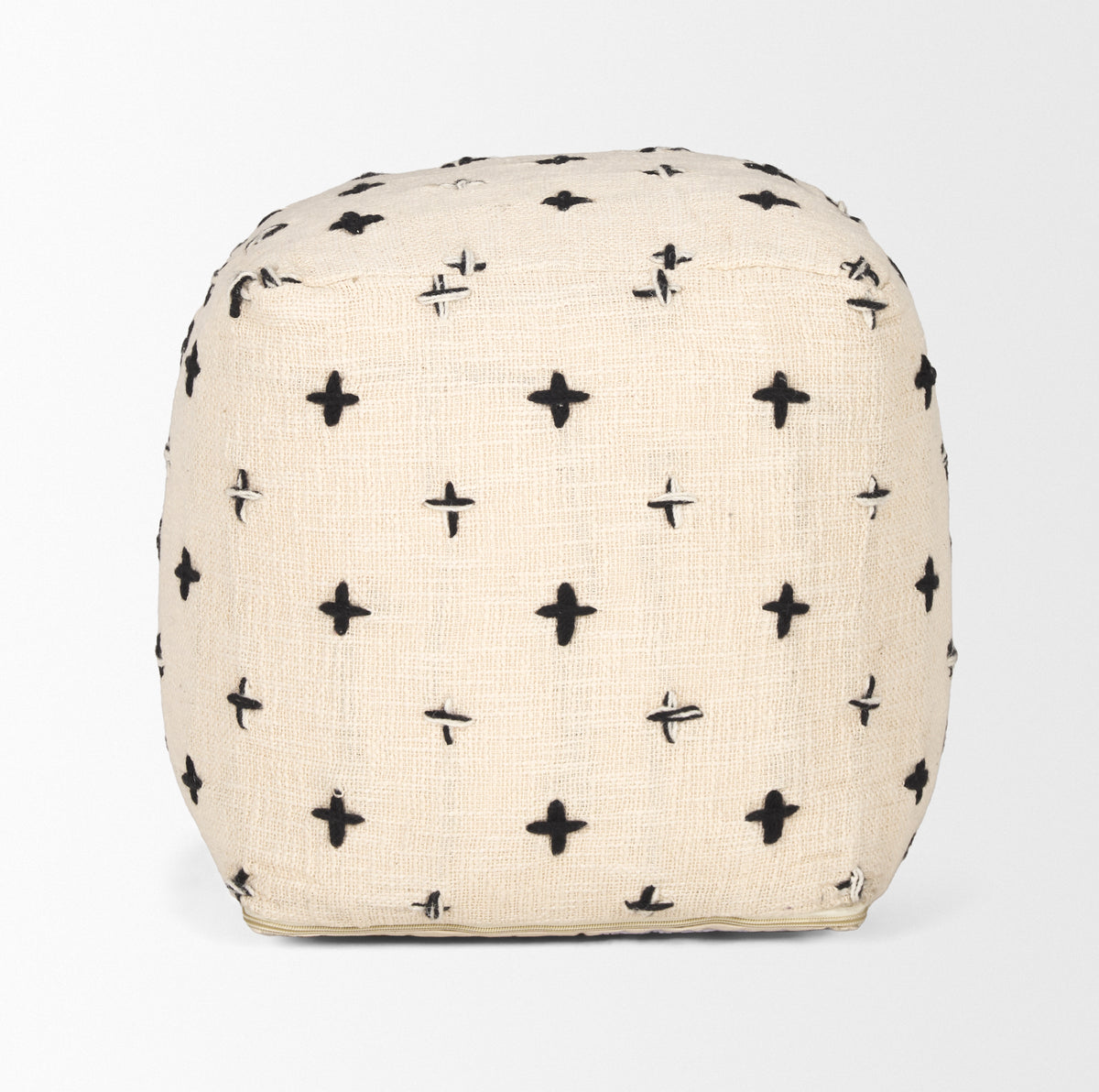 Saanvi Wool w/ Cream and Black Stitched Cross Patterned Pouf-Poufs-DECOROLALA