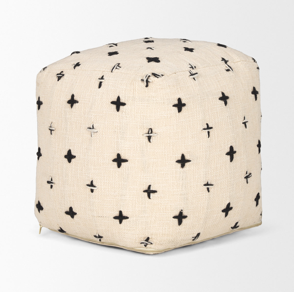 Saanvi Wool w/ Cream and Black Stitched Cross Patterned Pouf-Poufs-DECOROLALA