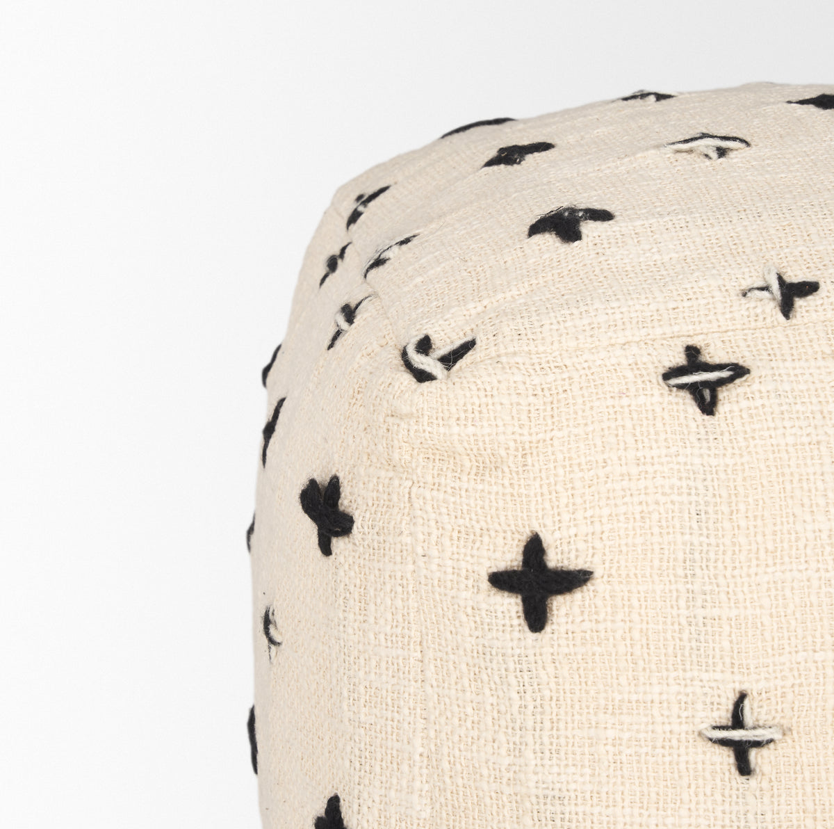 Saanvi Wool w/ Cream and Black Stitched Cross Patterned Pouf-Poufs-DECOROLALA