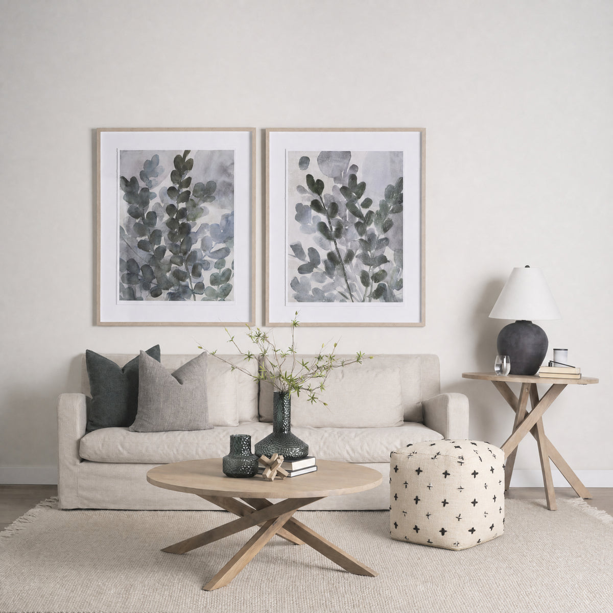 Saanvi Wool w/ Cream and Black Stitched Cross Patterned Pouf-Poufs-DECOROLALA