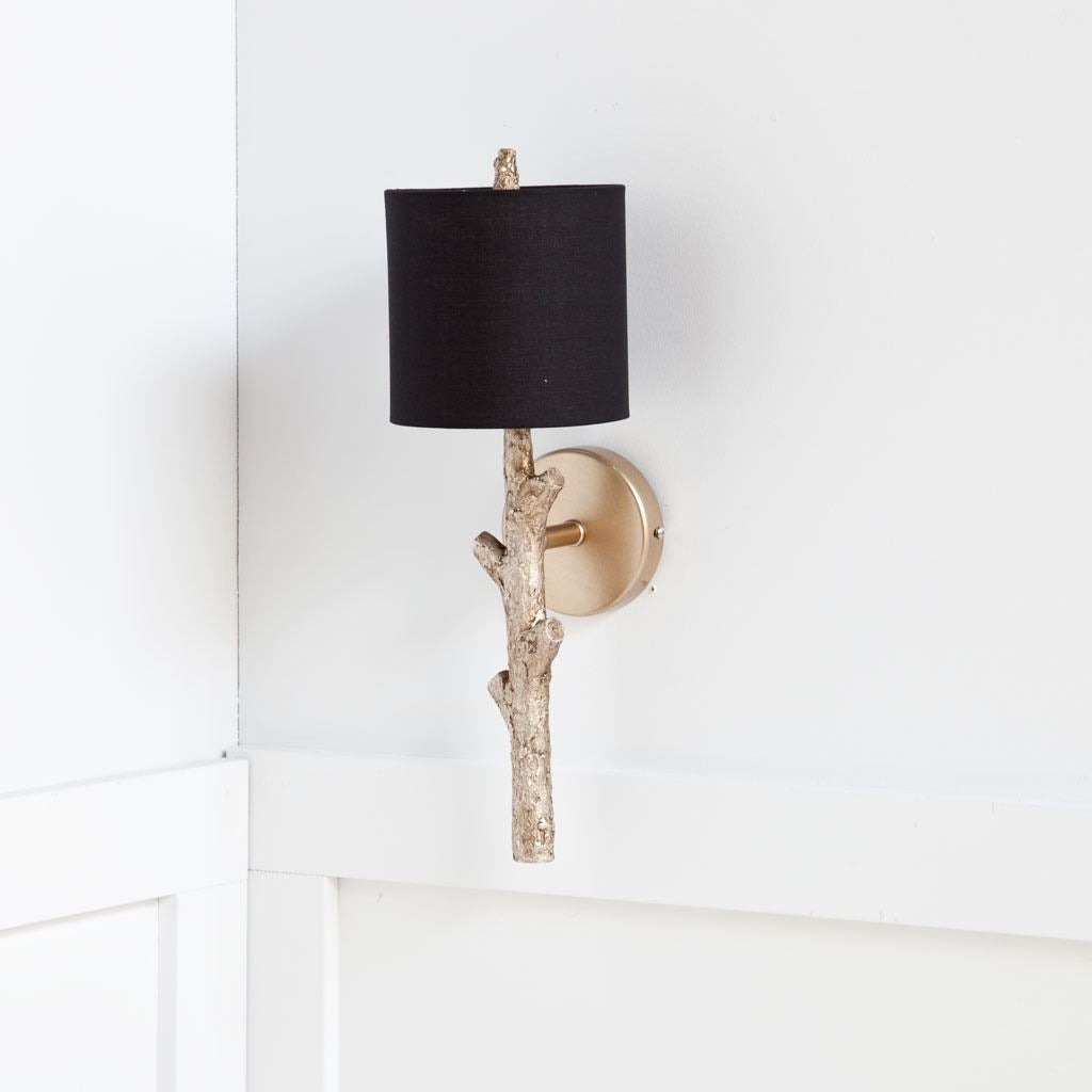Sabinal II 7x18 Gold Resin Tree Branch Black Fabric Shade Wall Sconce-Wall Sconces-DECOROLALA