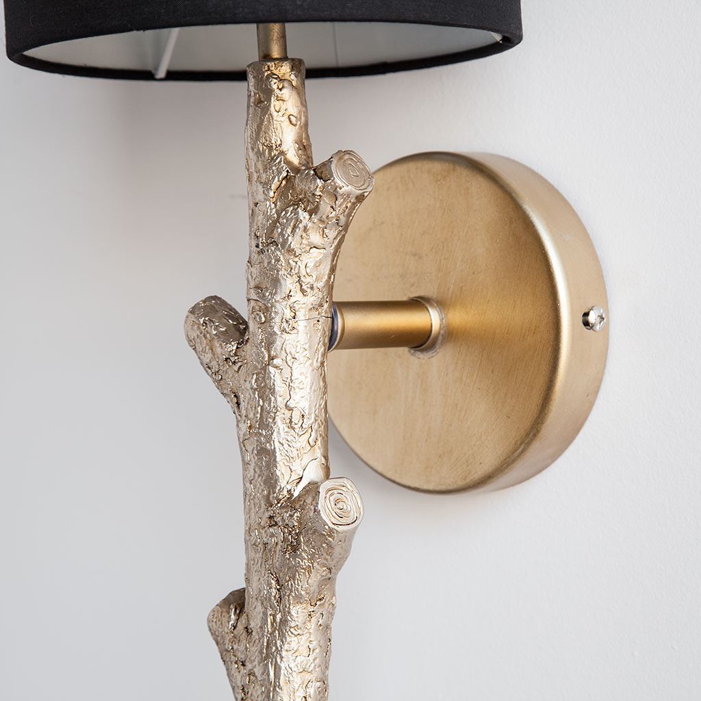 Sabinal II 7x18 Gold Resin Tree Branch Black Fabric Shade Wall Sconce-Wall Sconces-DECOROLALA