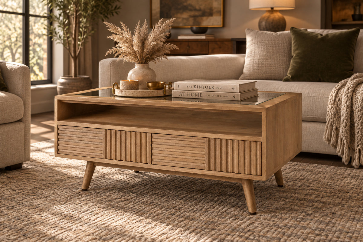 Sable 38.0L x 27.0W x 18.0H Light Brown Wood Coffee Table-Coffee Tables-DECOROLALA