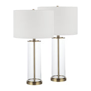 Saco 28" Tall Satin Brass Glass Table Lamp with Drum Linen Shade (Set of 2)-Table Lamp- Set of two-DECOROLALA