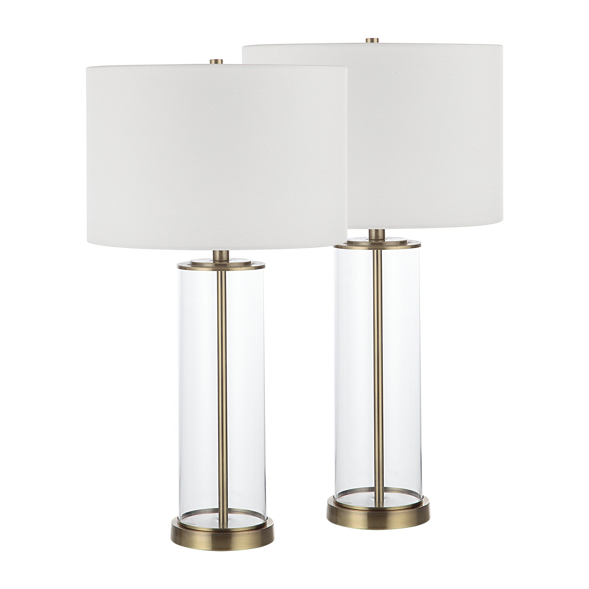 Saco 28" Tall Satin Brass Glass Table Lamp with Drum Linen Shade (Set of 2)-Table Lamp- Set of two-DECOROLALA