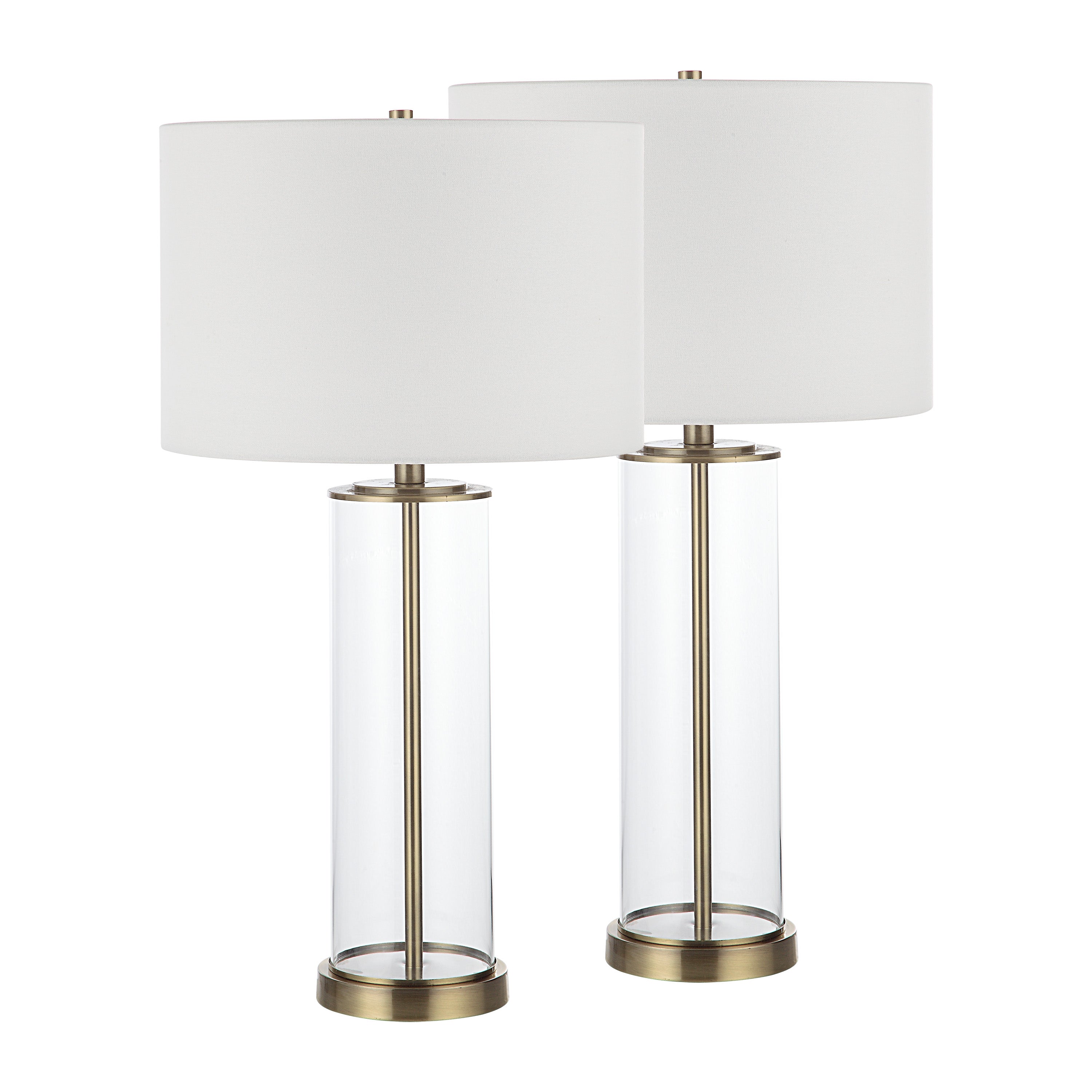 Saco 28" Tall Satin Brass Glass Table Lamp with Drum Linen Shade (Set of 2)-Table Lamp- Set of two-DECOROLALA
