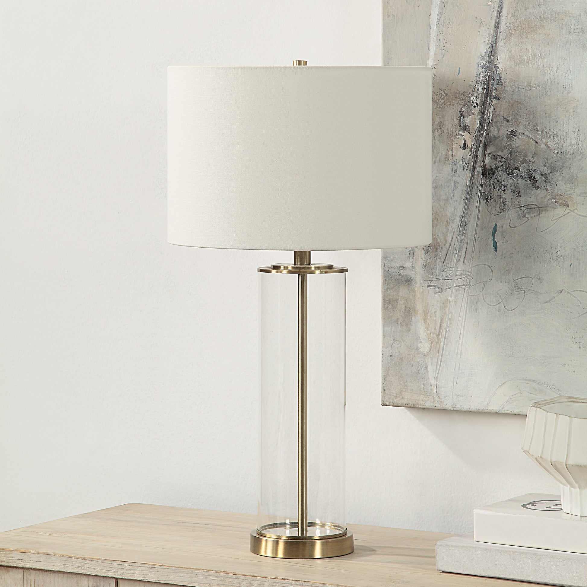 Saco 28" Tall Satin Brass Table Lamp with Linen Shade-Table Lamp- Set of two-DECOROLALA