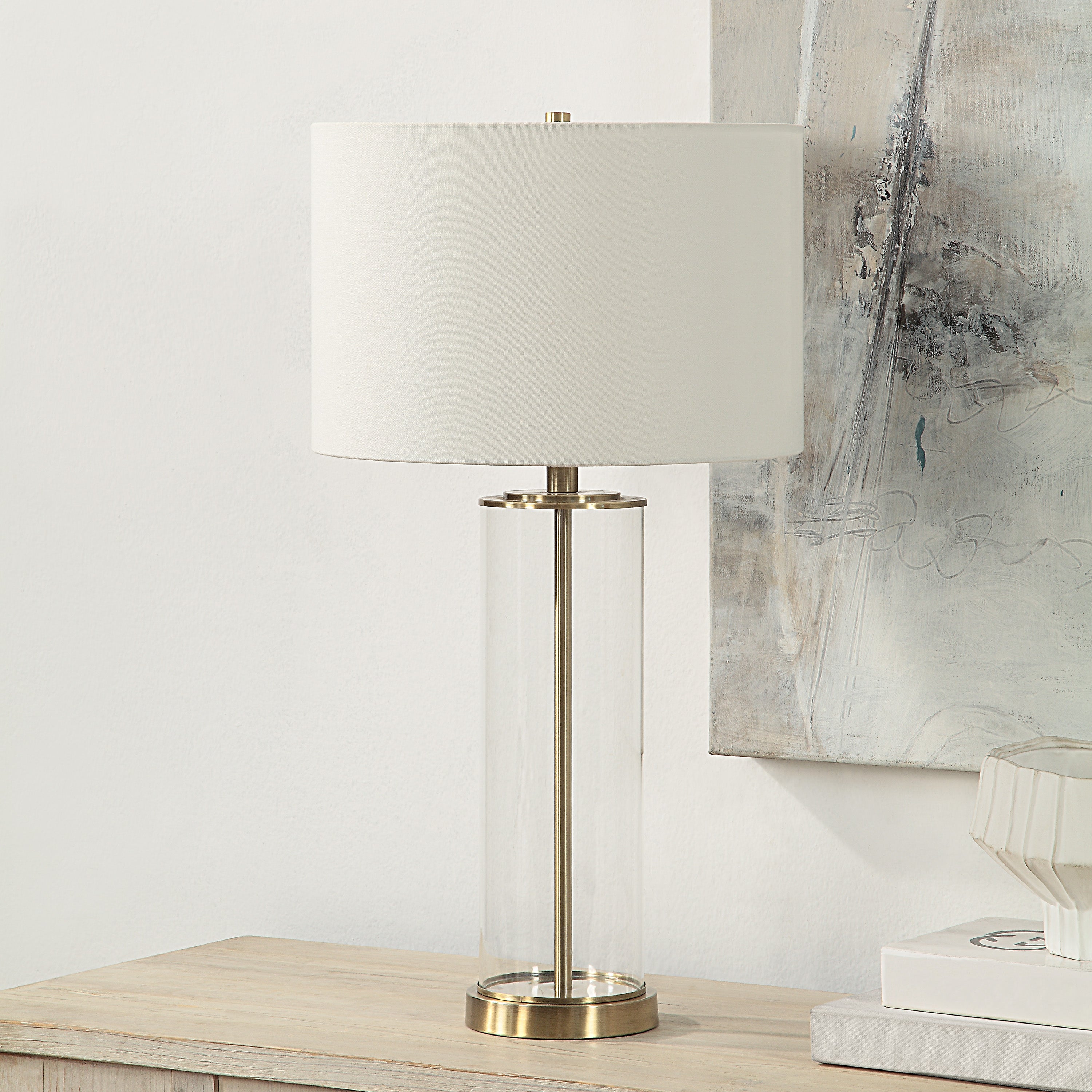 Saco 28" Tall Satin Brass Table Lamp with Linen Shade-Table Lamp- Set of two-DECOROLALA