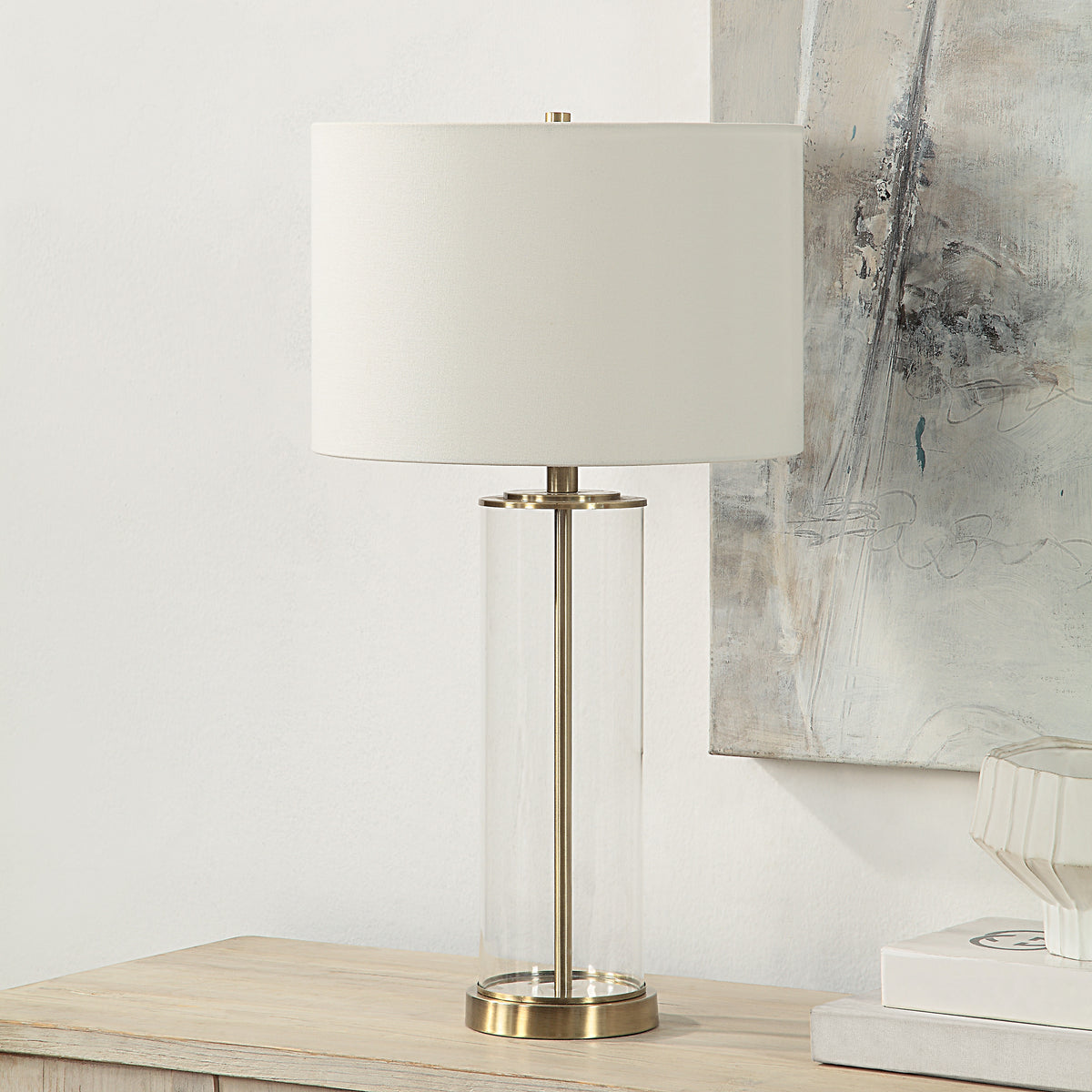 Saco 28" Tall Satin Brass Table Lamp with Linen Shade-Table Lamp- Set of two-DECOROLALA