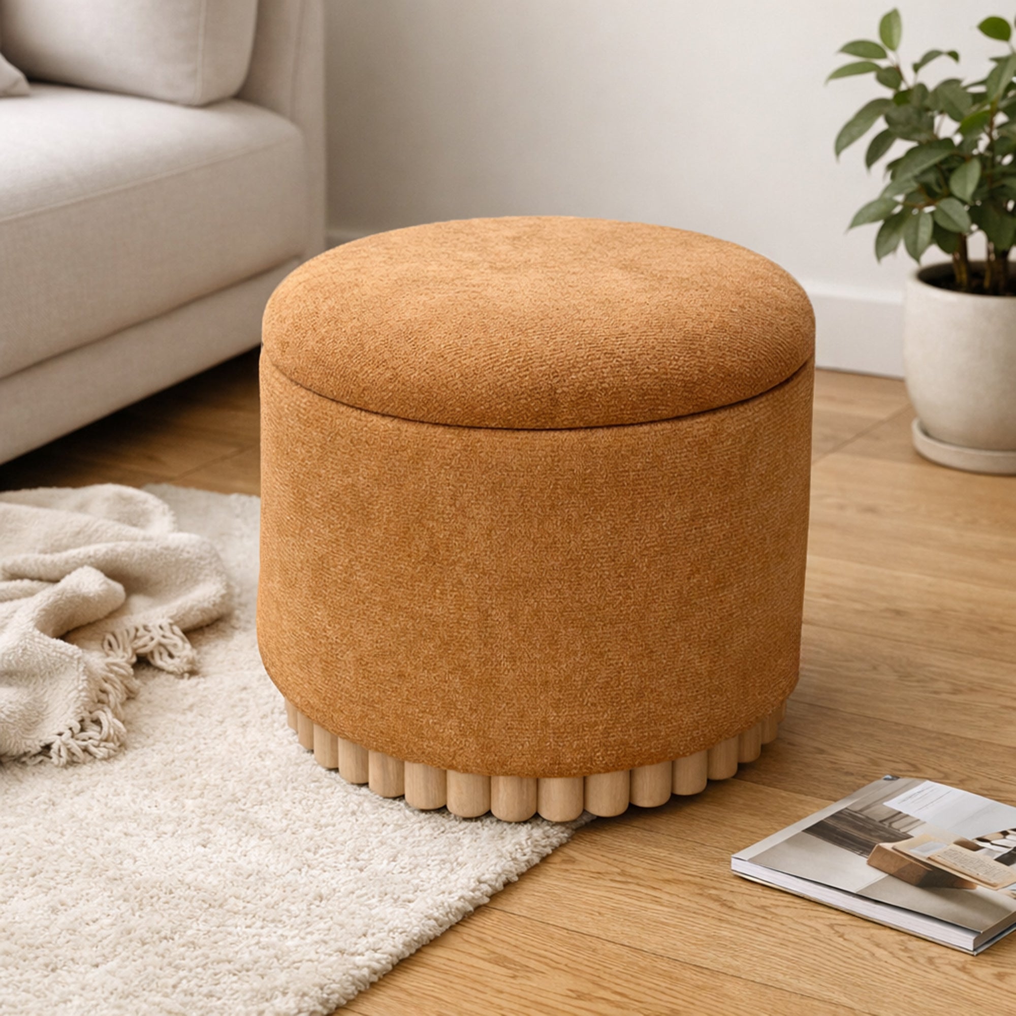 Sadie Round Storage Ottoman - Rust with Reeded Wood Base-DECOROLALA