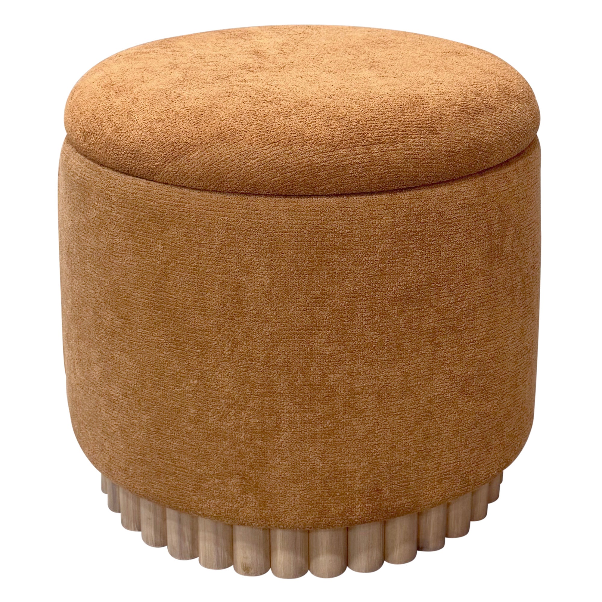 Sadie Round Storage Ottoman - Rust with Reeded Wood Base-DECOROLALA