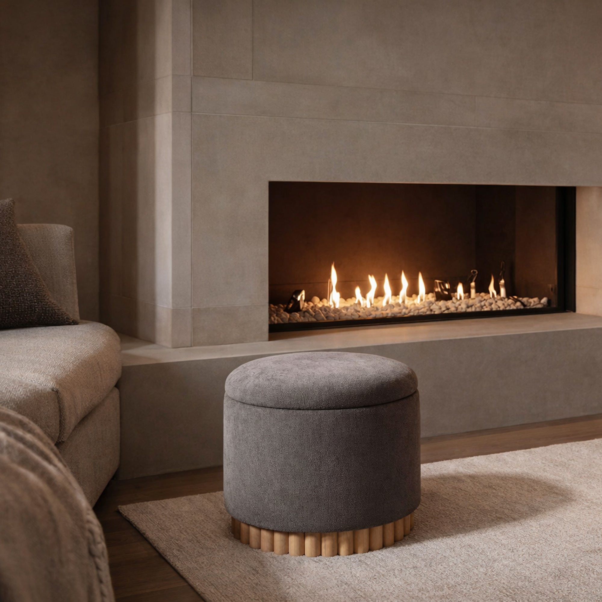Sadie Round Storage Ottoman - Warm Charcoal Wood Reeded Base-DECOROLALA